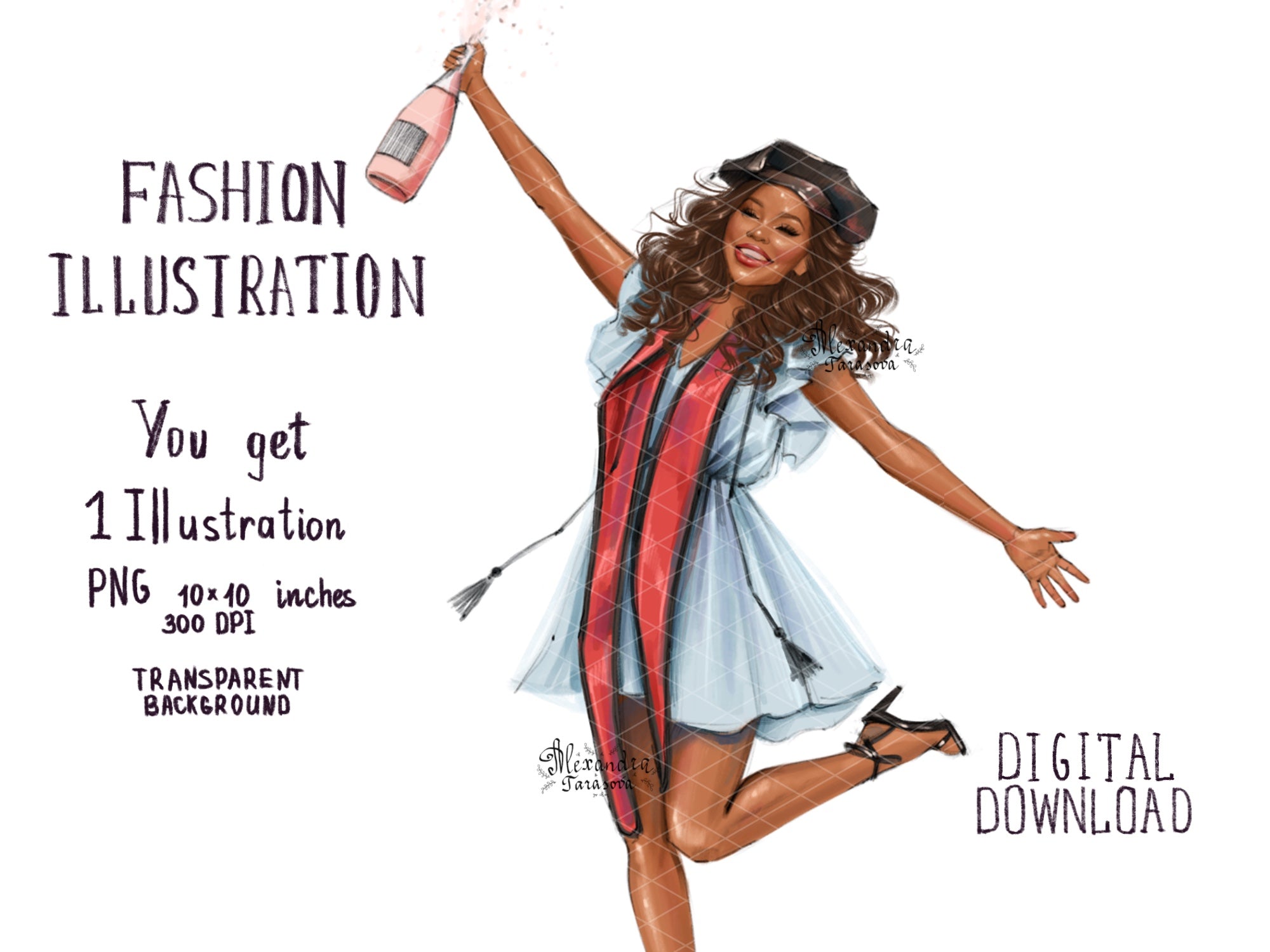 Digital Watercolor Illustration Fashion Girl Graduation Clipart African American Girl Blue Dress Drawing Sketch Png File Printable Art