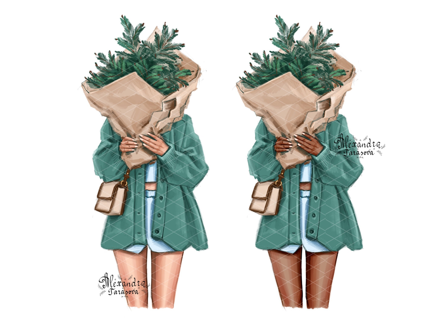 Digital Illustration Fashion Illustration Clipart Christmas Tree Stylish Girls Winter Holiday Cozy Sweater Printable Art Planner Stickers