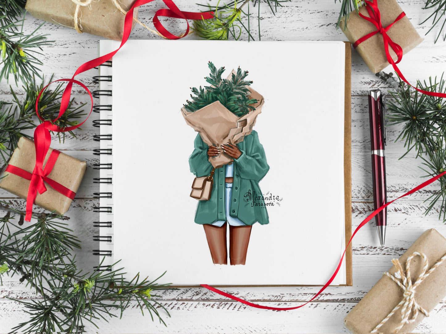 Digital Illustration Fashion Illustration Clipart Christmas Tree Stylish Girls Winter Holiday Cozy Sweater Printable Art Planner Stickers