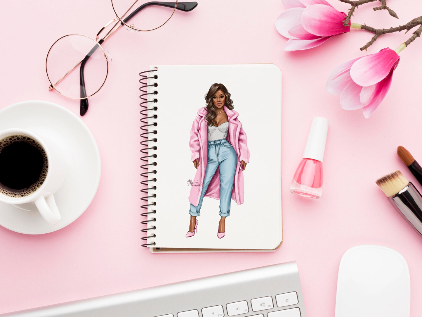 Hand Drawn Digital Illustration Fashion Illustration Beauty Black Girl Clipart African American Girl Pink Coat Winter Holiday
