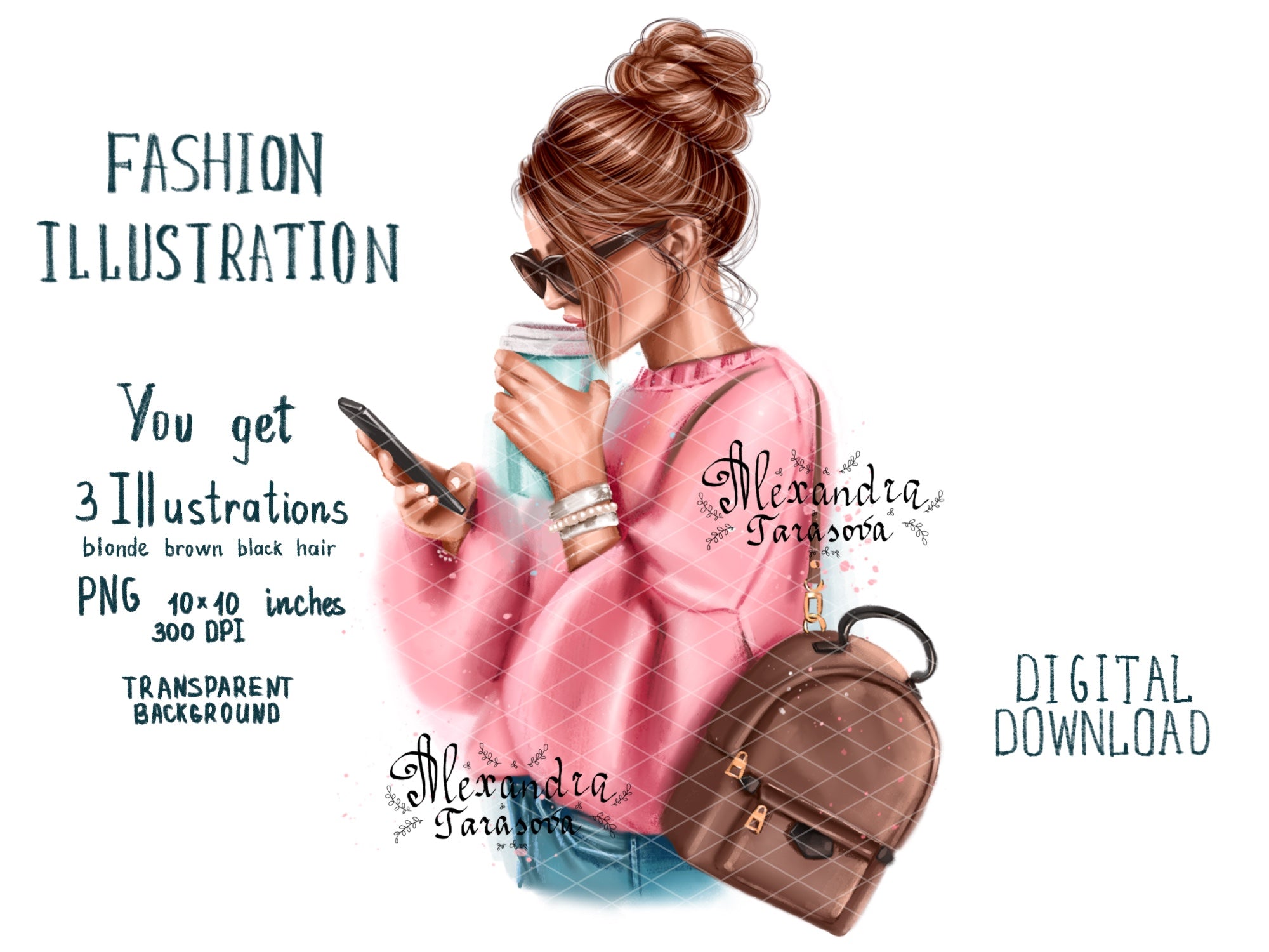 Digital Watercolor Illustration Fashion Girl Stylish Pink Sweater Coffee Cup Trendy Hairstyles Clipart Stickers