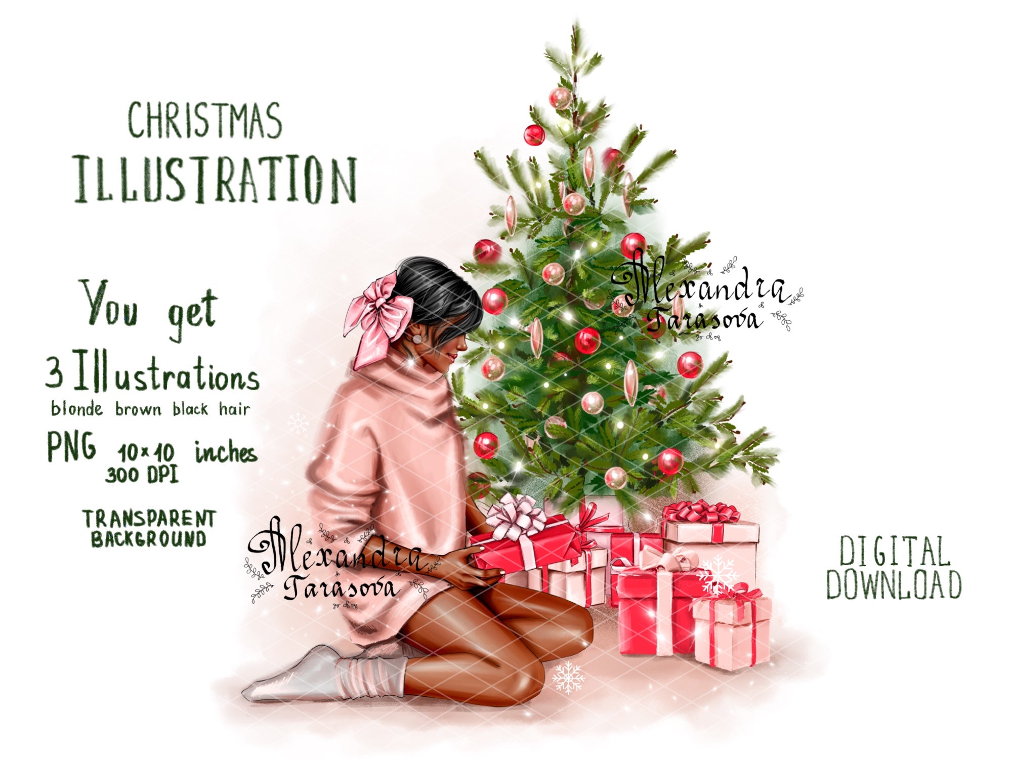 Digital Watercolor Illustration Fashion Girl Christmas Tree Winter New Year Gifts Trendy Hairstyles Bun Printable Art