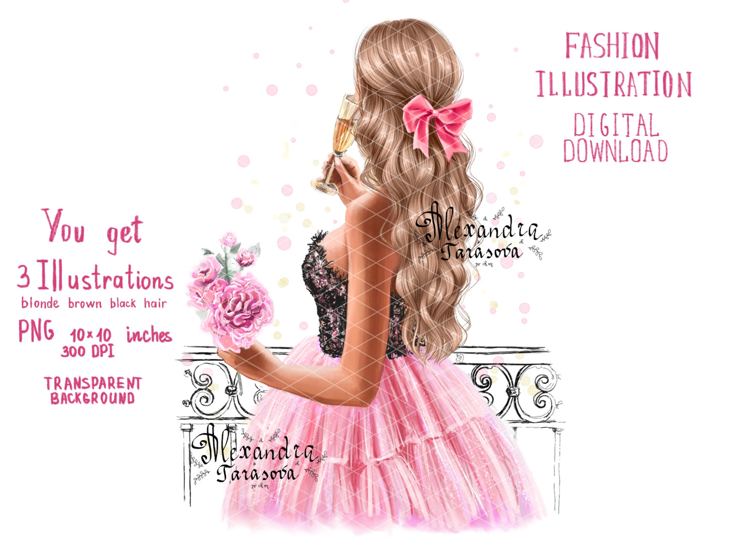 Digital Watercolor Illustration Fashion Girl Trendy Hairstyles Wavy Long Hair Stylish Pink Skirt Tutu Printable Art