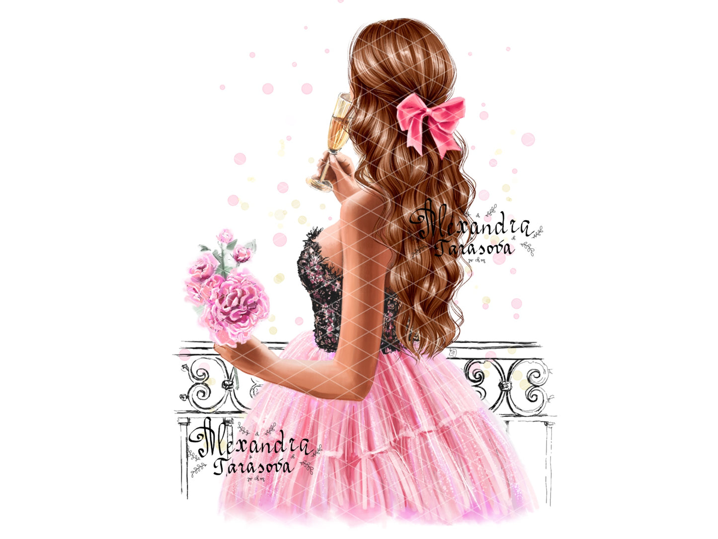 Digital Watercolor Illustration Fashion Girl Trendy Hairstyles Wavy Long Hair Stylish Pink Skirt Tutu Printable Art