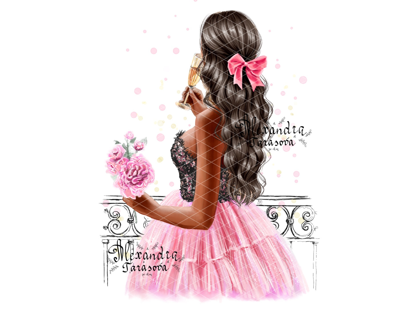Digital Watercolor Illustration Fashion Girl Trendy Hairstyles Wavy Long Hair Stylish Pink Skirt Tutu Printable Art