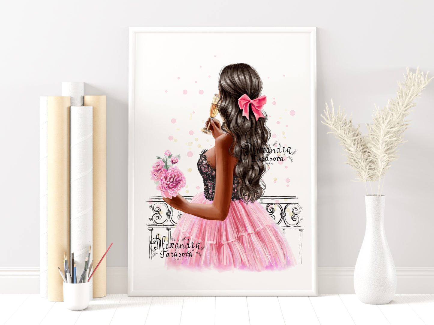 Digital Watercolor Illustration Fashion Girl Trendy Hairstyles Wavy Long Hair Stylish Pink Skirt Tutu Printable Art