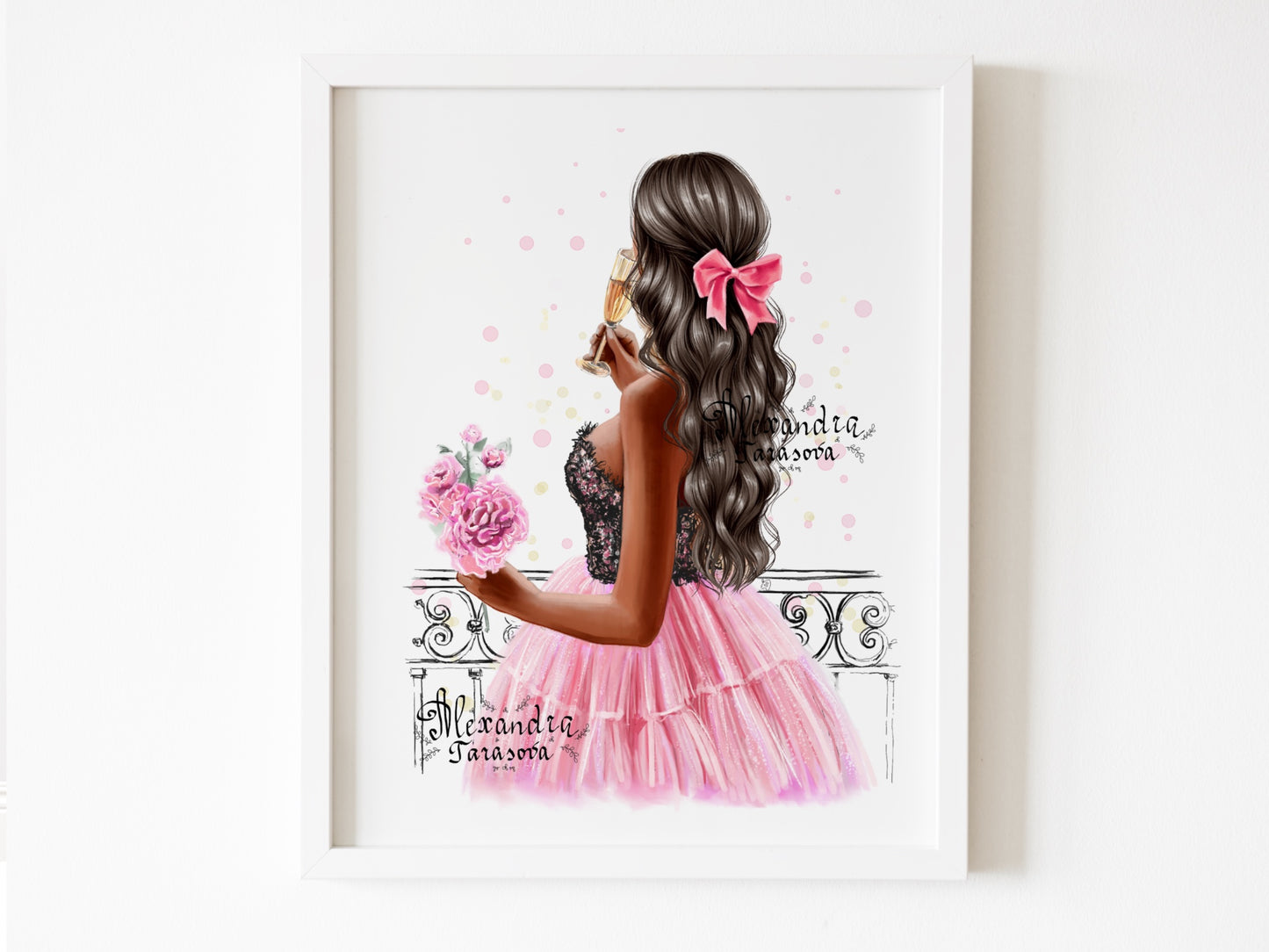Digital Watercolor Illustration Fashion Girl Trendy Hairstyles Wavy Long Hair Stylish Pink Skirt Tutu Printable Art