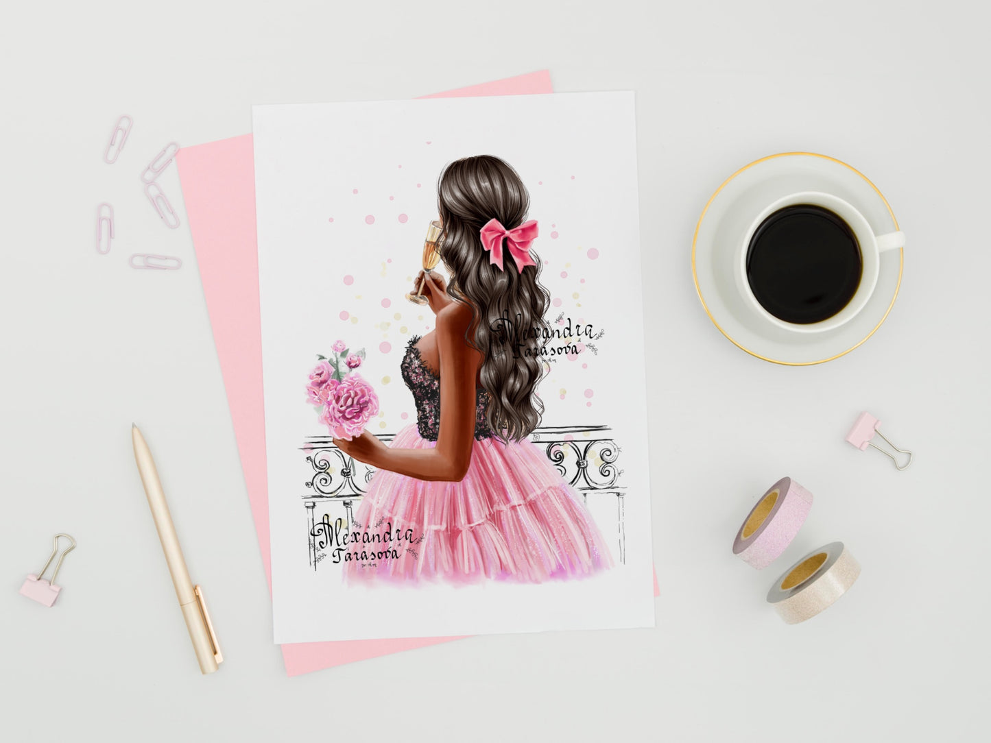 Digital Watercolor Illustration Fashion Girl Trendy Hairstyles Wavy Long Hair Stylish Pink Skirt Tutu Printable Art