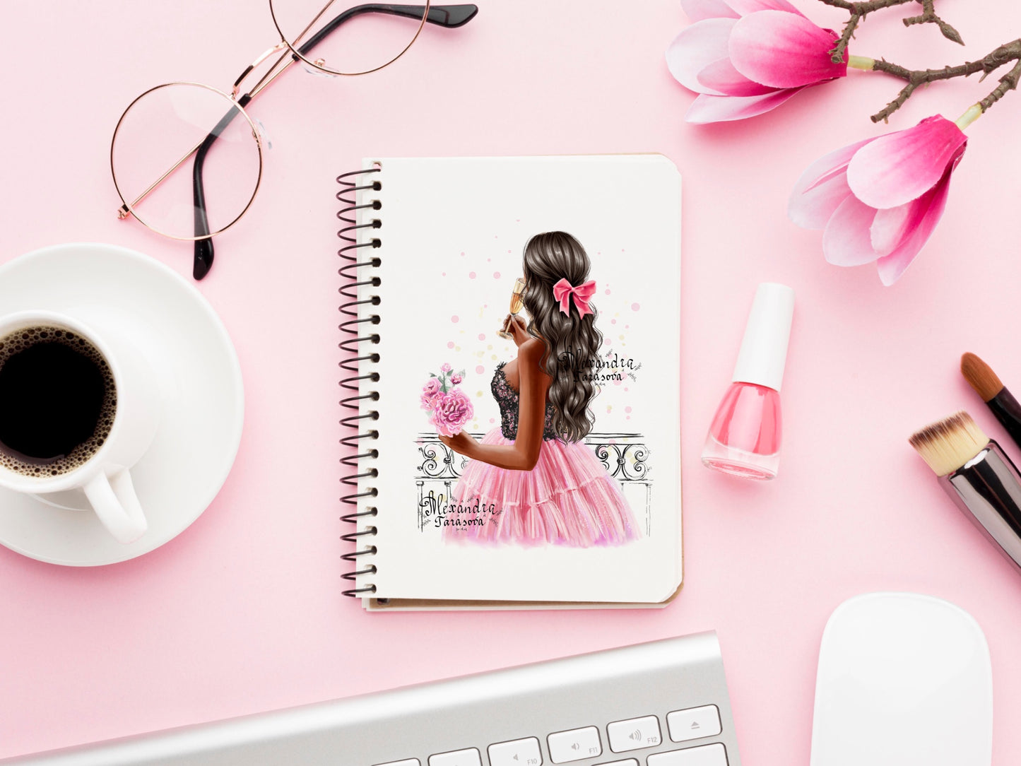 Digital Watercolor Illustration Fashion Girl Trendy Hairstyles Wavy Long Hair Stylish Pink Skirt Tutu Printable Art