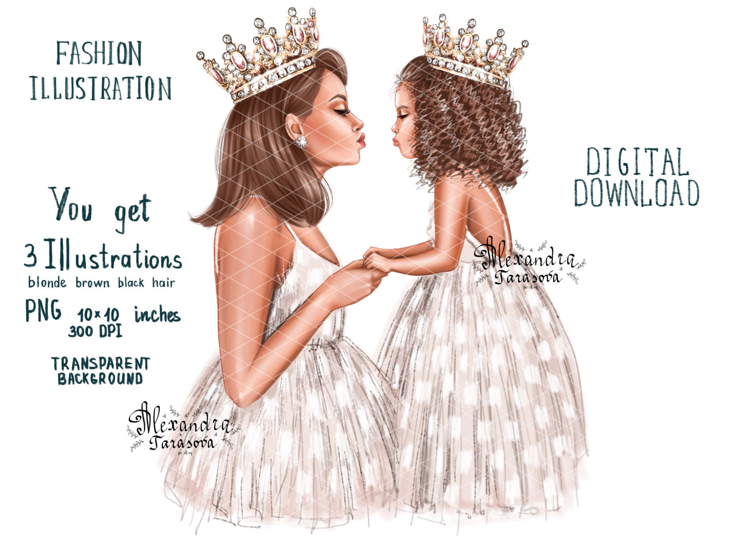 Digital Watercolor Illustration Fashion Mother And Daughter Trendy White Dress Skirt Tutu Printable Art