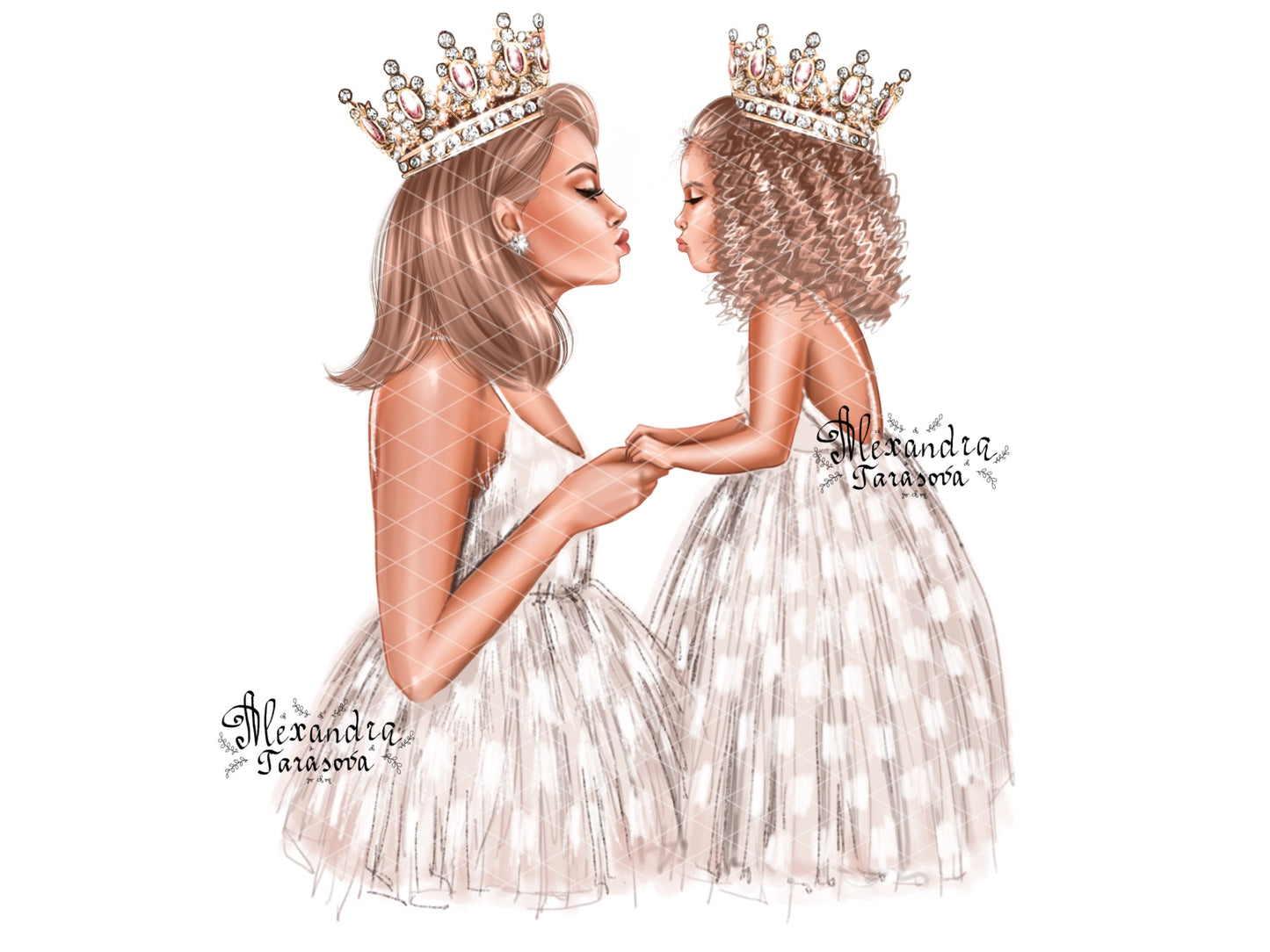 Digital Watercolor Illustration Fashion Mother And Daughter Trendy White Dress Skirt Tutu Printable Art