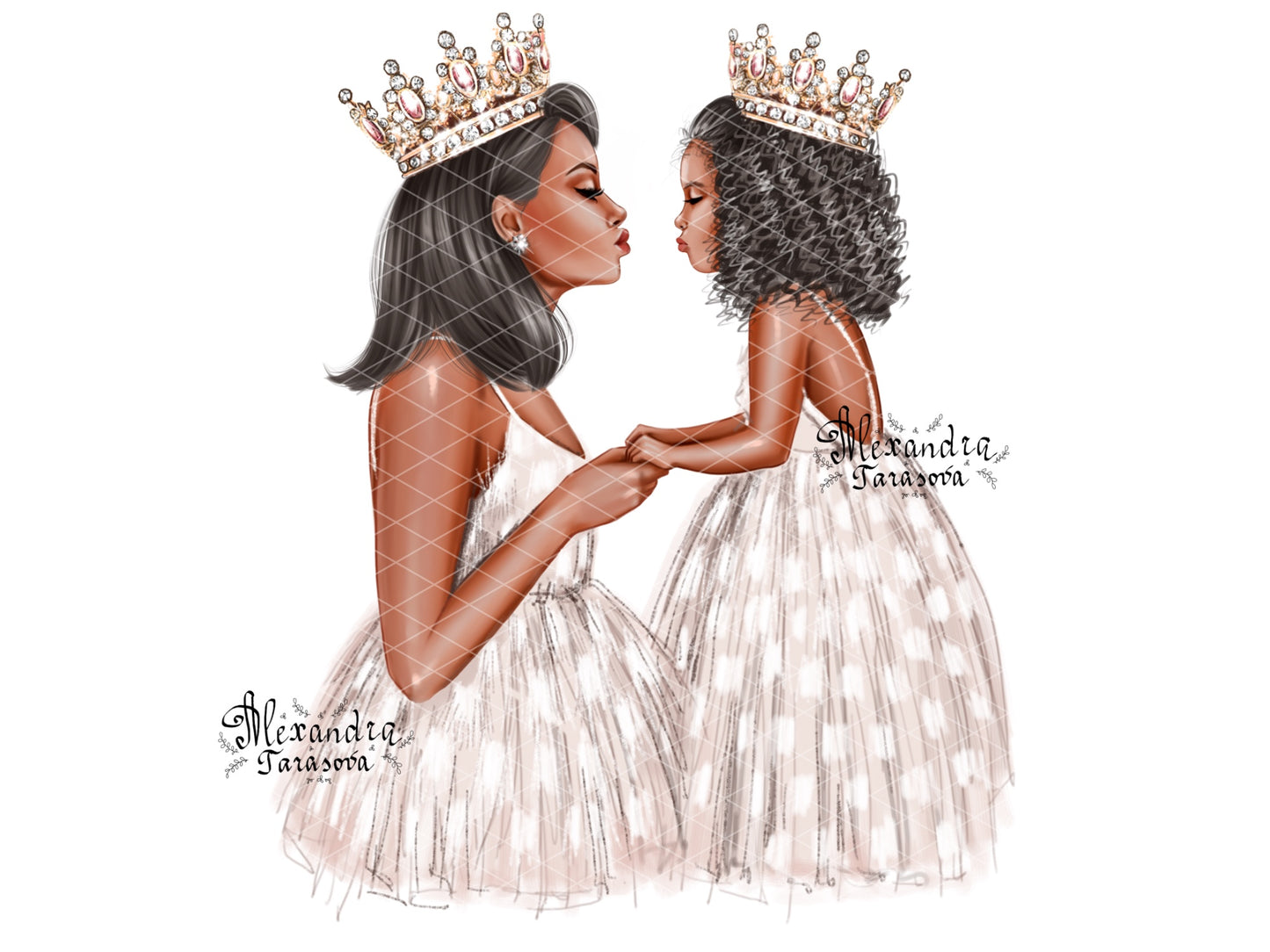 Digital Watercolor Illustration Fashion Mother And Daughter Trendy White Dress Skirt Tutu Printable Art
