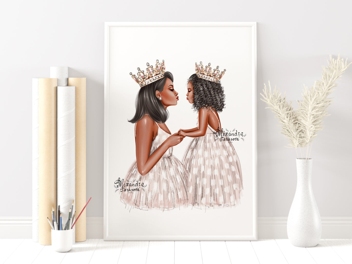 Digital Watercolor Illustration Fashion Mother And Daughter Trendy White Dress Skirt Tutu Printable Art