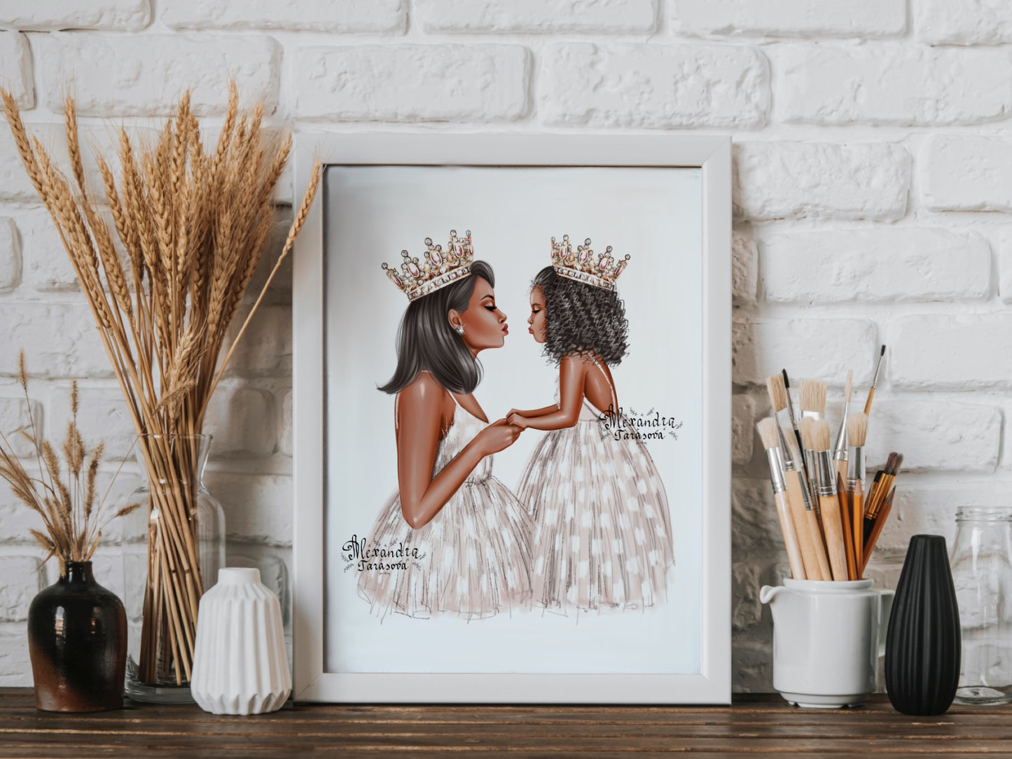 Digital Watercolor Illustration Fashion Mother And Daughter Trendy White Dress Skirt Tutu Printable Art