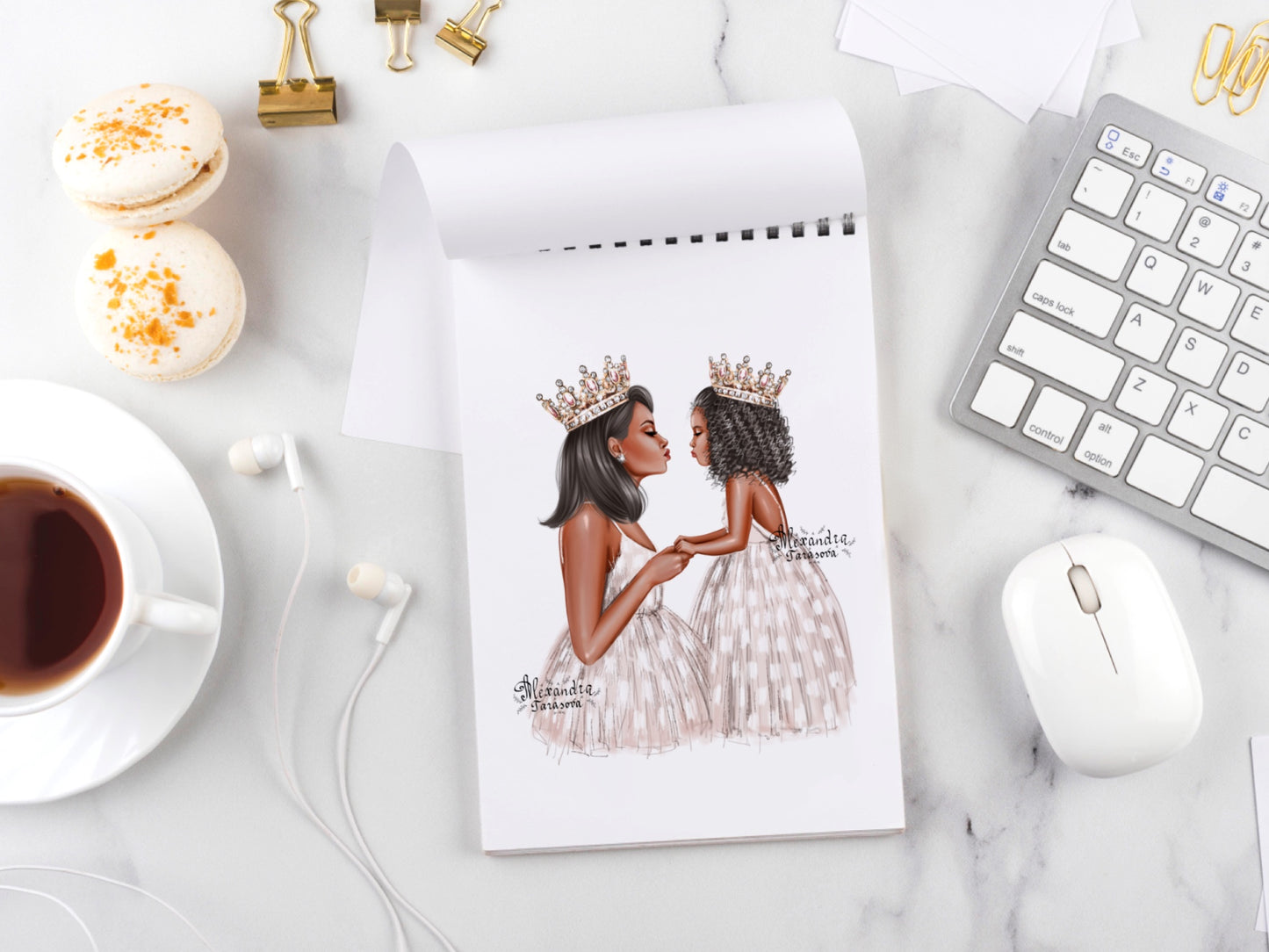 Digital Watercolor Illustration Fashion Mother And Daughter Trendy White Dress Skirt Tutu Printable Art