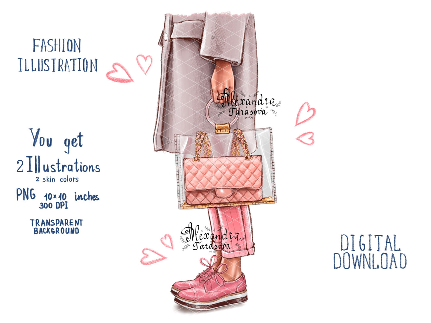 Digital Watercolor Illustration Fashion Shoes Pink Stylish Bag Png Files Printable Art