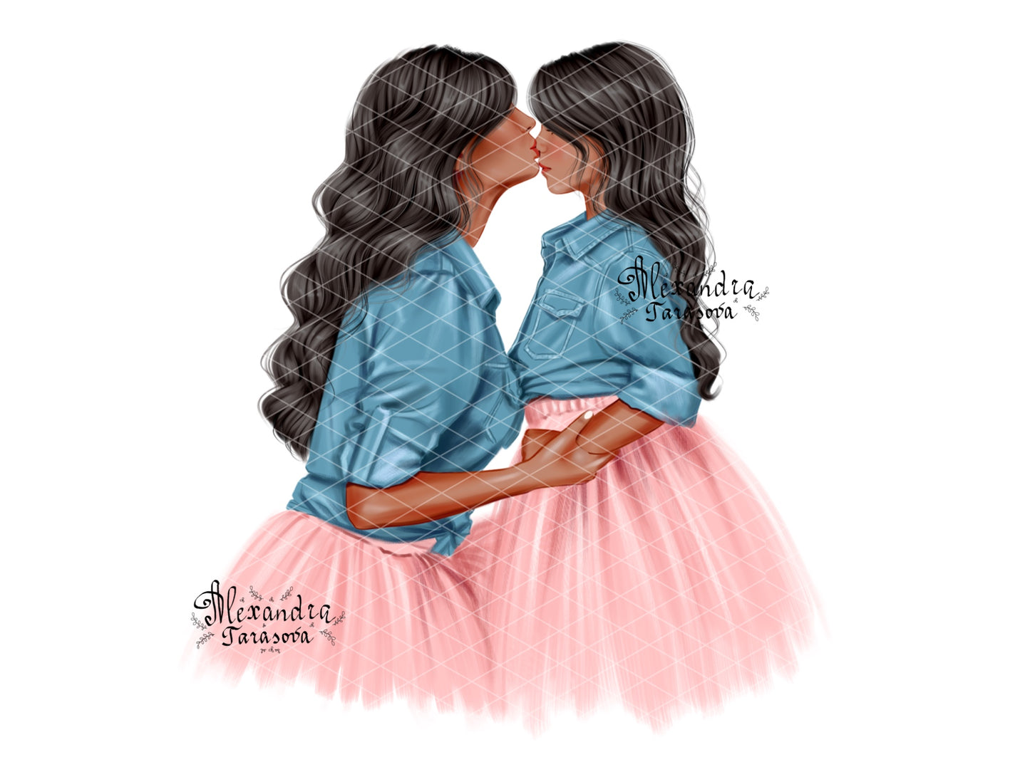 Digital Illustration Stylish Mother And Daughter Trendy Hairstyles Blue Denim Pink Skirt Tutu Printable Art