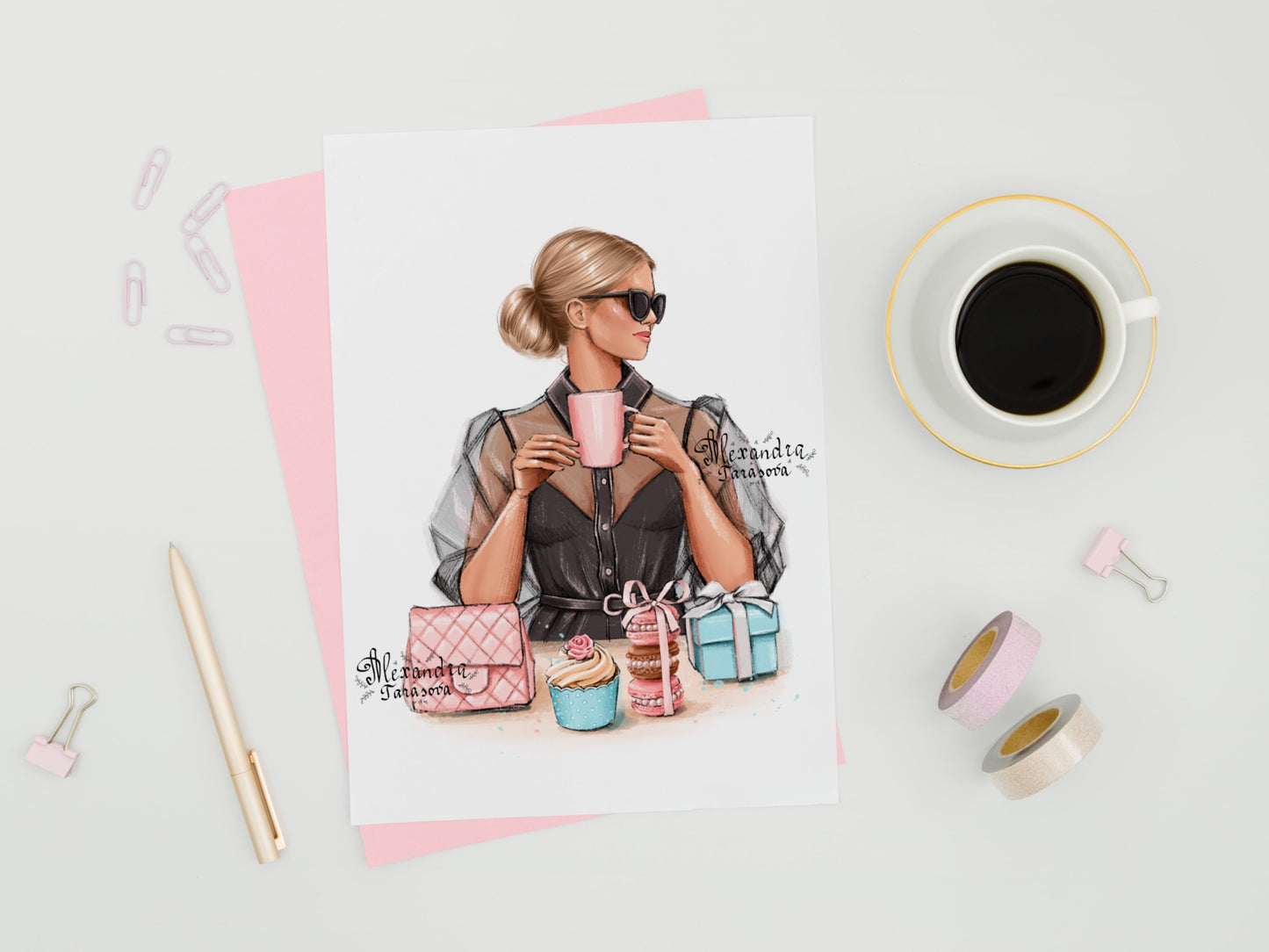Digital Watercolor Illustration Fashion Girl Stylish Sunglasses Coffee Cup Cafe Picture Drawing Painting Style Clipart Stickers