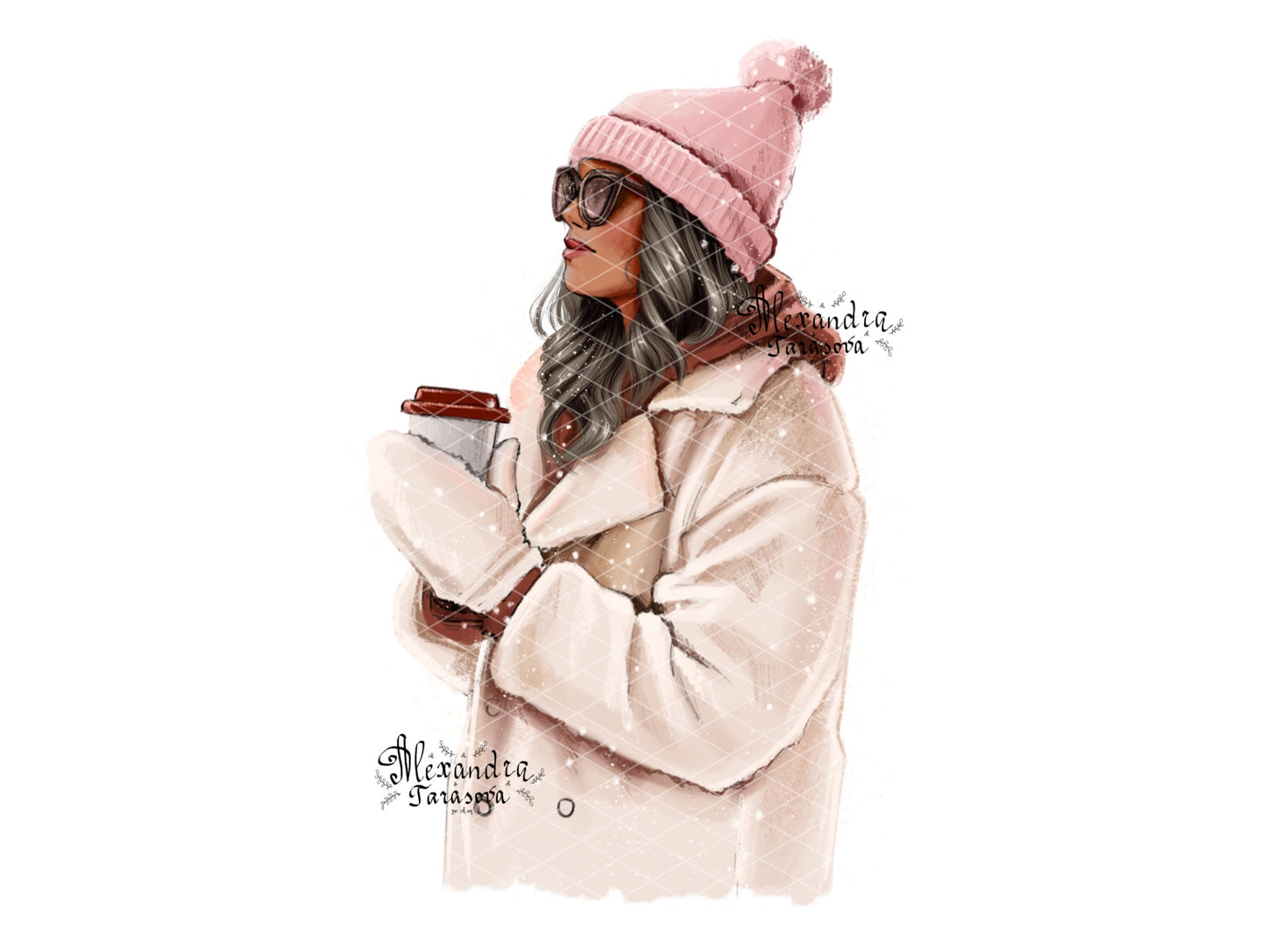 Digital Watercolor Illustration Winter Fashion Girl Instant Download Snow Stylish Coat Pink Outfit Trendy Hairstyles Black Boss Girl