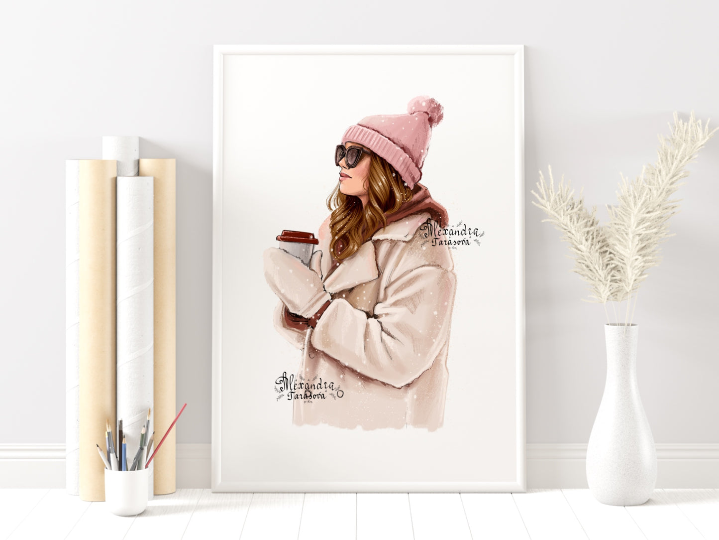 Digital Watercolor Illustration Winter Fashion Girl Instant Download Snow Stylish Coat Pink Outfit Trendy Hairstyles Black Boss Girl