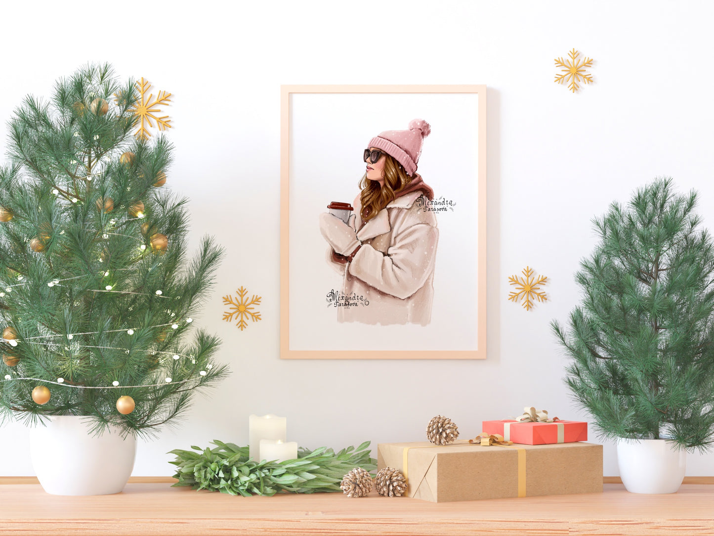 Digital Watercolor Illustration Winter Fashion Girl Instant Download Snow Stylish Coat Pink Outfit Trendy Hairstyles Black Boss Girl
