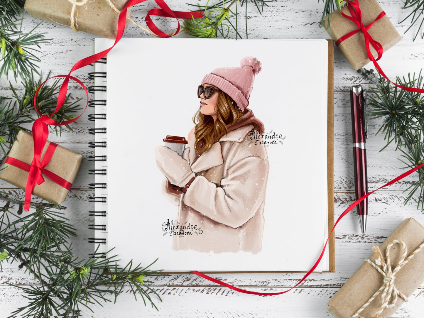 Digital Watercolor Illustration Winter Fashion Girl Instant Download Snow Stylish Coat Pink Outfit Trendy Hairstyles Black Boss Girl