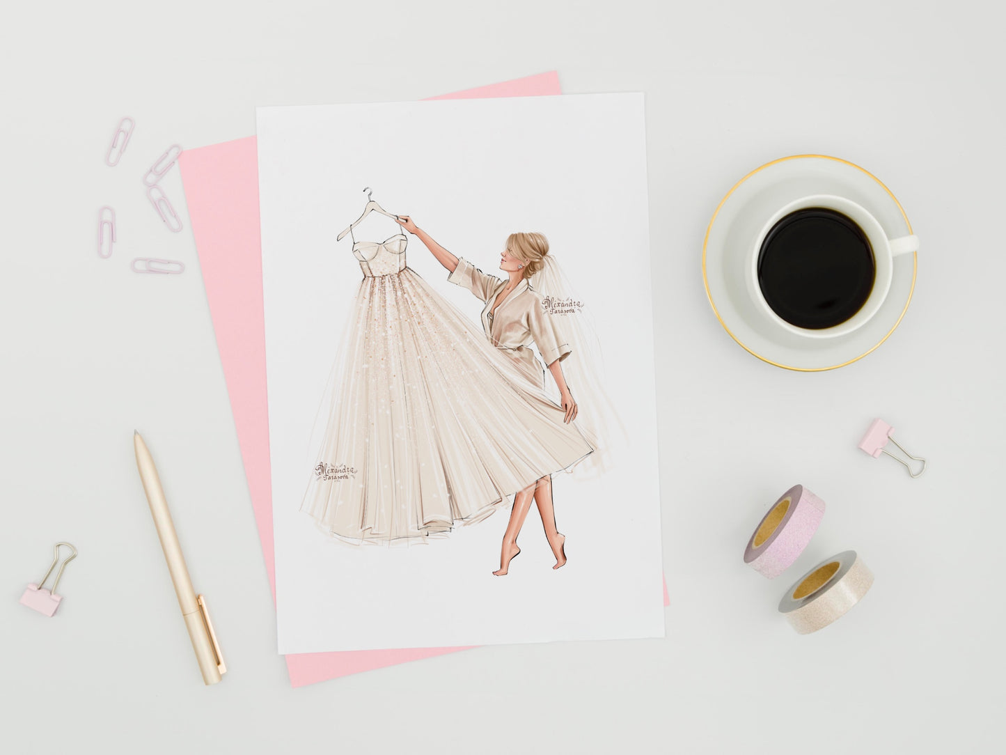 Instant Download Fashion Illustration Stylish Bride Wedding Drawing White Dress Clipart Png Files Printable Art Blond Brown Hairstyles