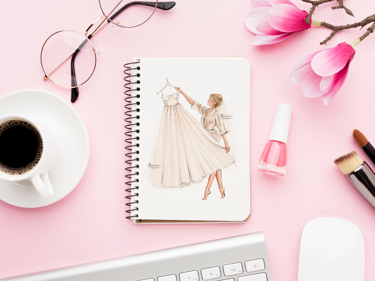 Instant Download Fashion Illustration Stylish Bride Wedding Drawing White Dress Clipart Png Files Printable Art Blond Brown Hairstyles