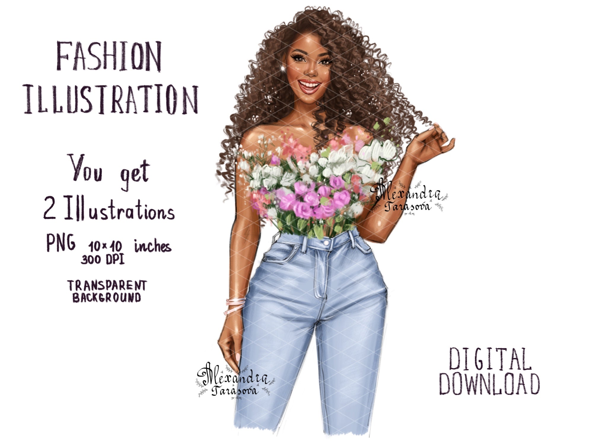 Digital Watercolor Illustration Fashion African American Girl Drawing Black Girl Clipart Printable Art Digital Stickers Flowers Pink