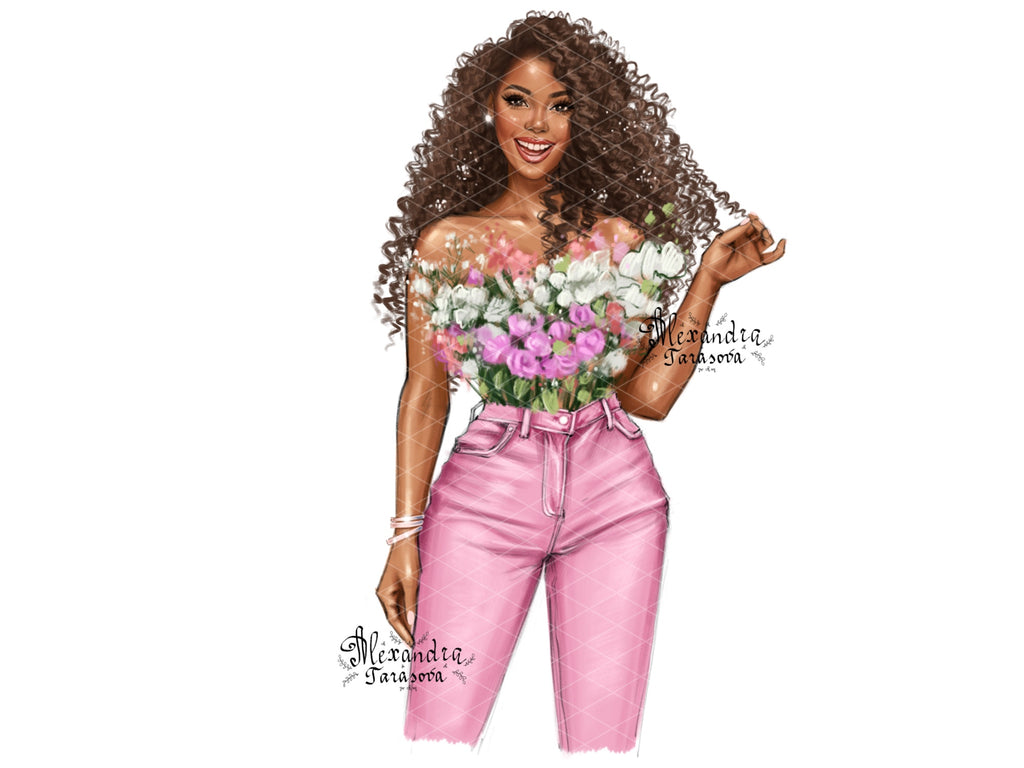 Digital Watercolor Illustration Fashion African American Girl Drawing Black Girl Clipart Printable Art Digital Stickers Flowers Pink