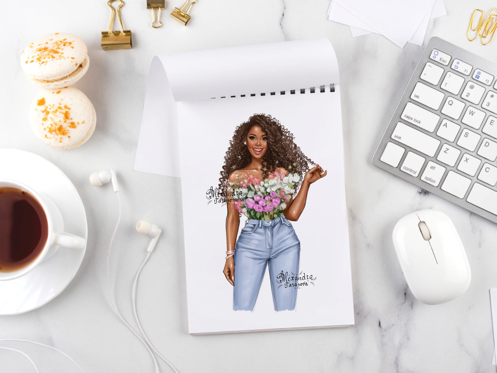 Digital Watercolor Illustration Fashion African American Girl Drawing Black Girl Clipart Printable Art Digital Stickers Flowers Pink