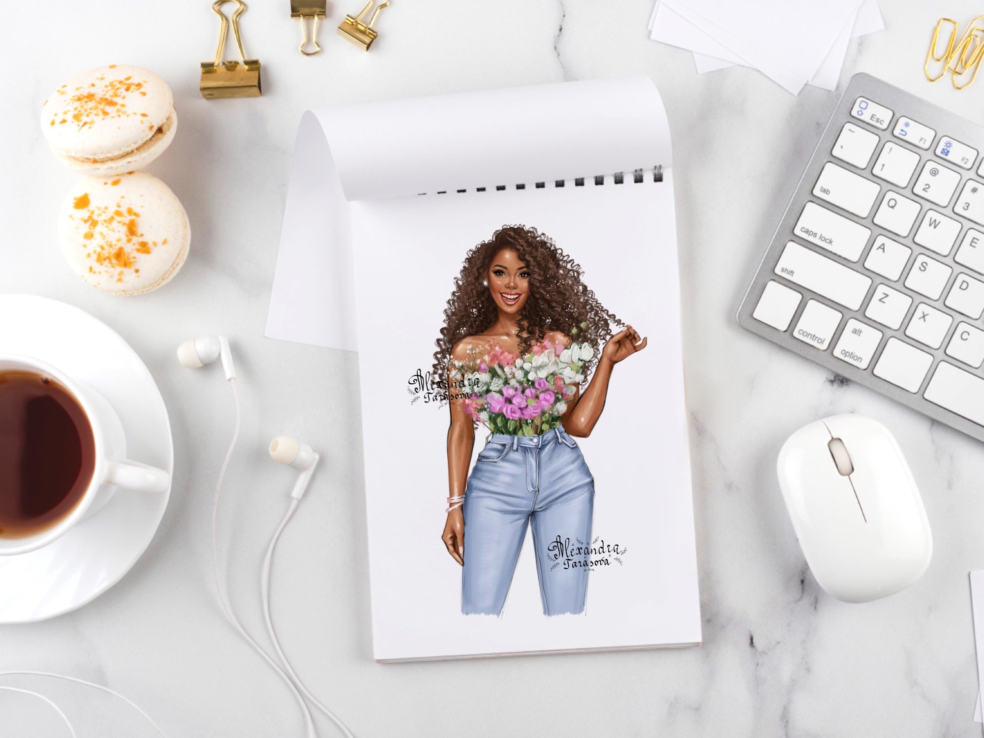 Digital Watercolor Illustration Fashion African American Girl Drawing Black Girl Clipart Printable Art Digital Stickers Flowers Pink