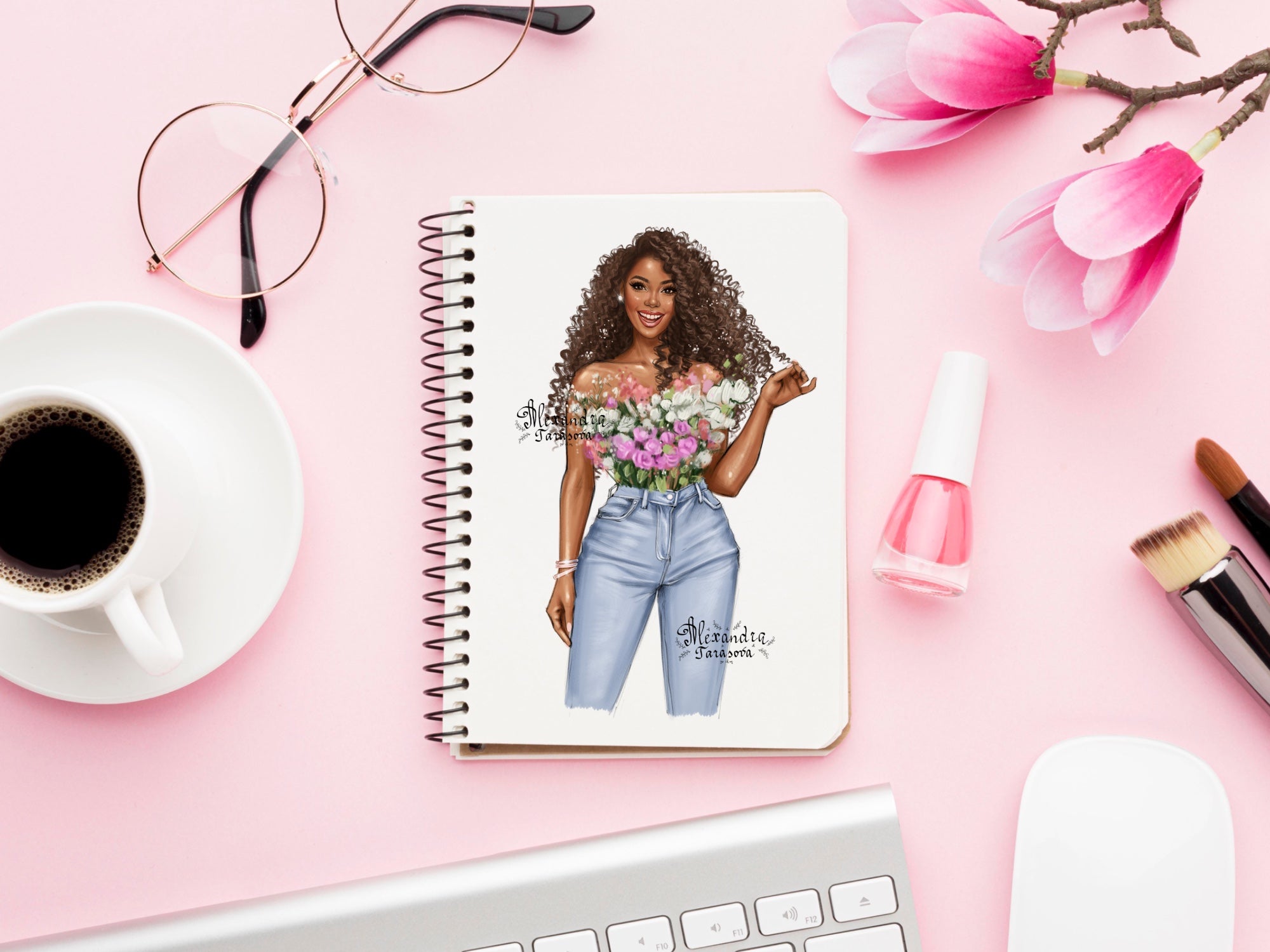 Digital Watercolor Illustration Fashion African American Girl Drawing Black Girl Clipart Printable Art Digital Stickers Flowers Pink