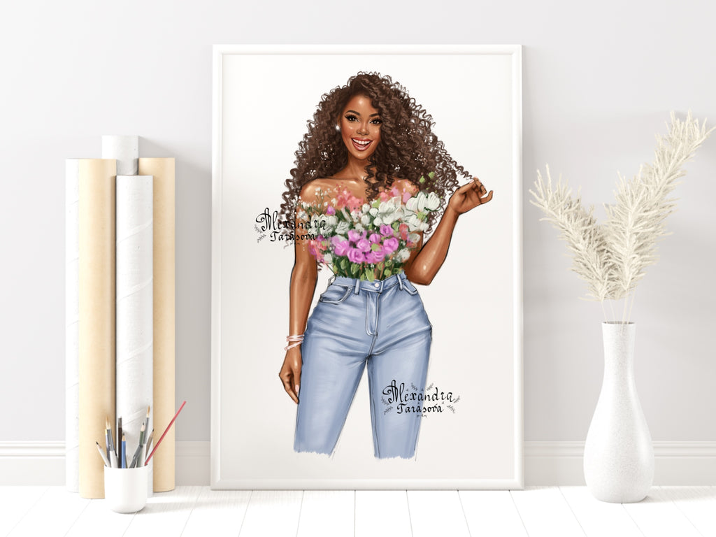 Digital Watercolor Illustration Fashion African American Girl Drawing Black Girl Clipart Printable Art Digital Stickers Flowers Pink