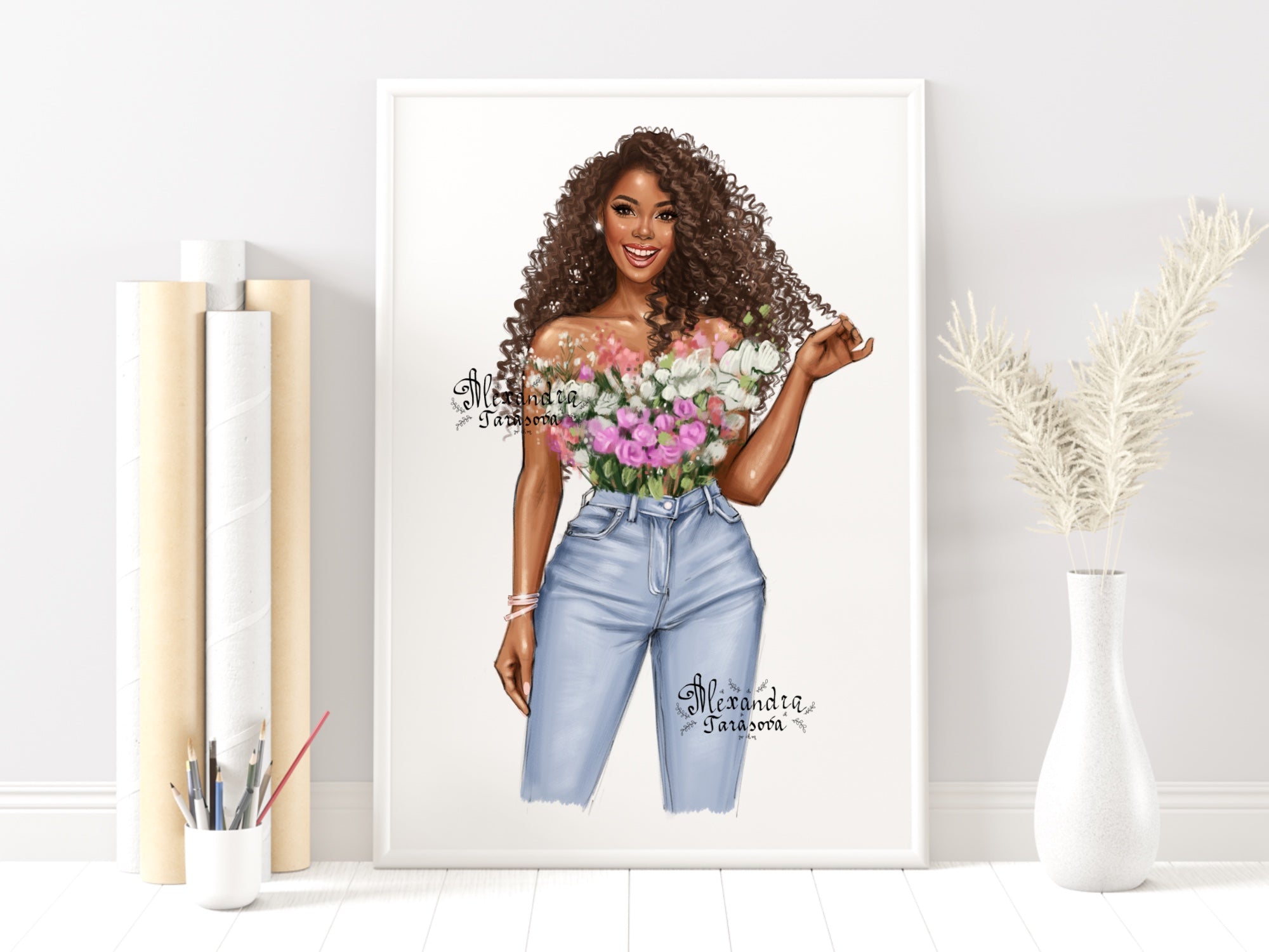 Digital Watercolor Illustration Fashion African American Girl Drawing Black Girl Clipart Printable Art Digital Stickers Flowers Pink