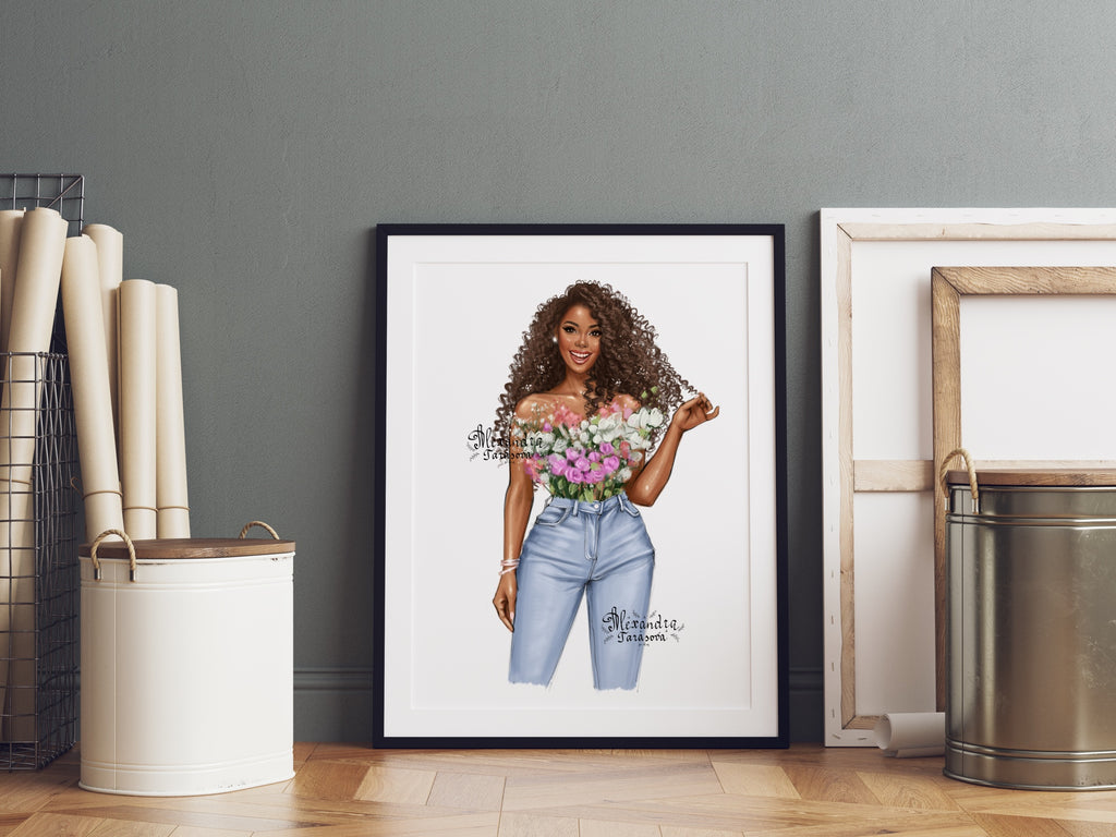 Digital Watercolor Illustration Fashion African American Girl Drawing Black Girl Clipart Printable Art Digital Stickers Flowers Pink