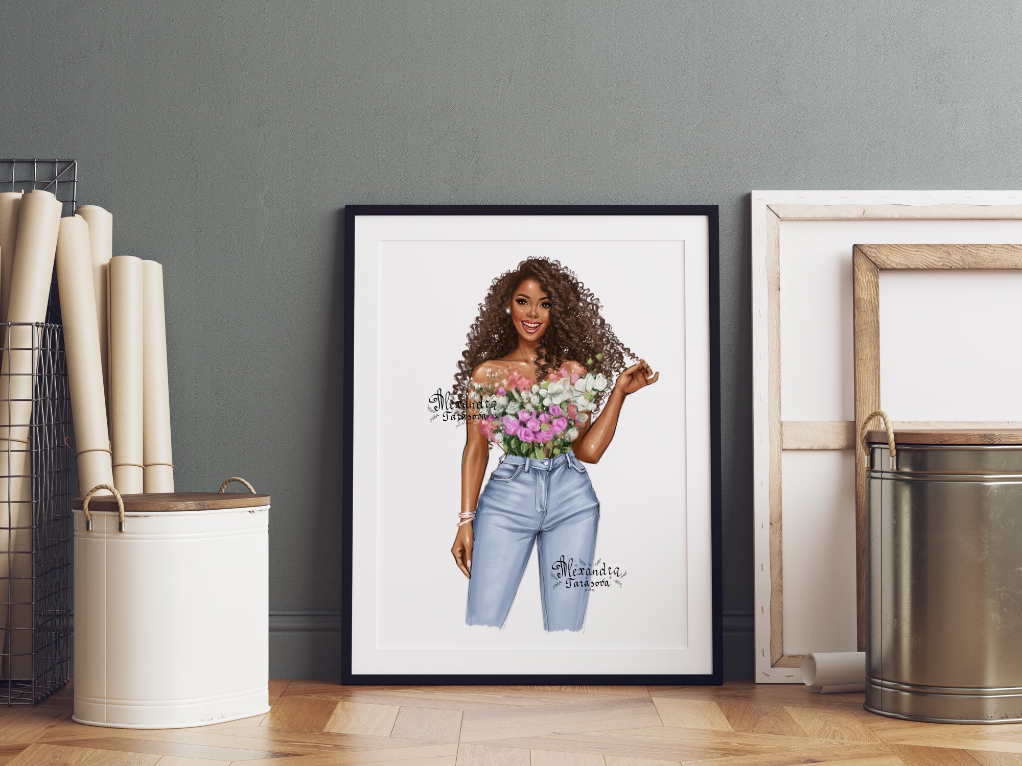 Digital Watercolor Illustration Fashion African American Girl Drawing Black Girl Clipart Printable Art Digital Stickers Flowers Pink