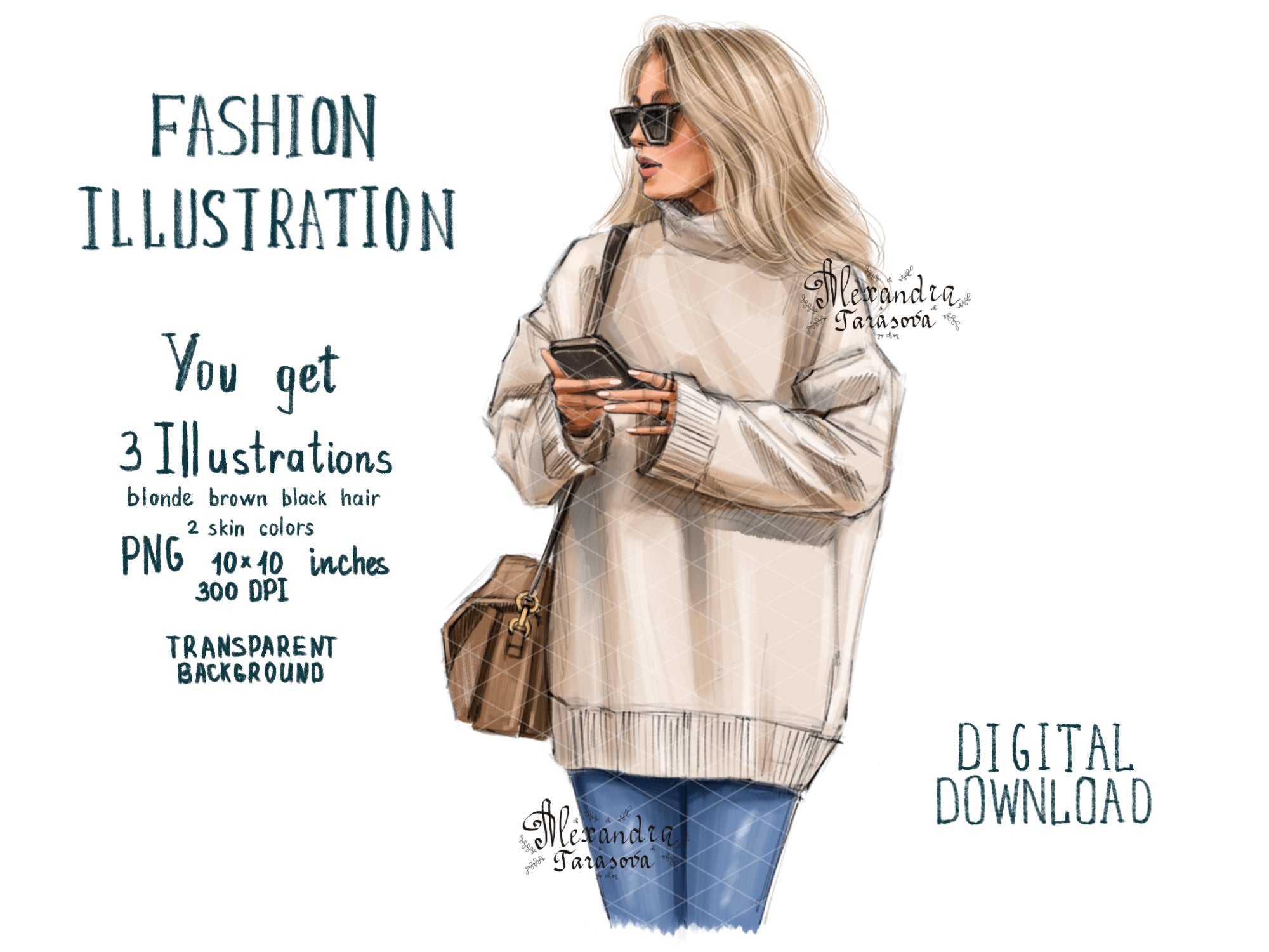 Digital Watercolor Illustration Fashion Girl Trendy Hairstyles Black Sunglasses Beige Sweater Printable Art Clipart Stickers Drawing Sketch