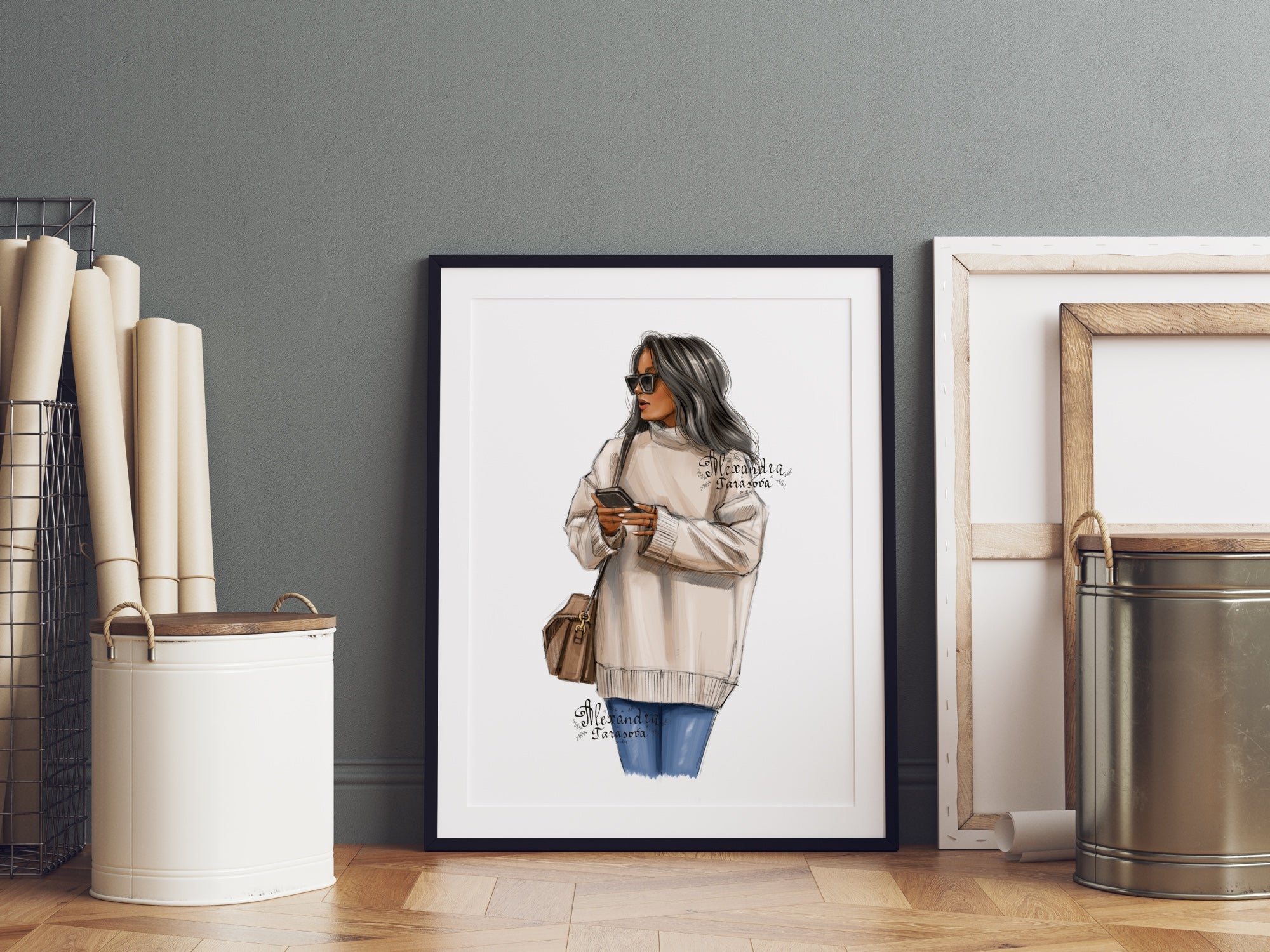 Digital Watercolor Illustration Fashion Girl Trendy Hairstyles Black Sunglasses Beige Sweater Printable Art Clipart Stickers Drawing Sketch