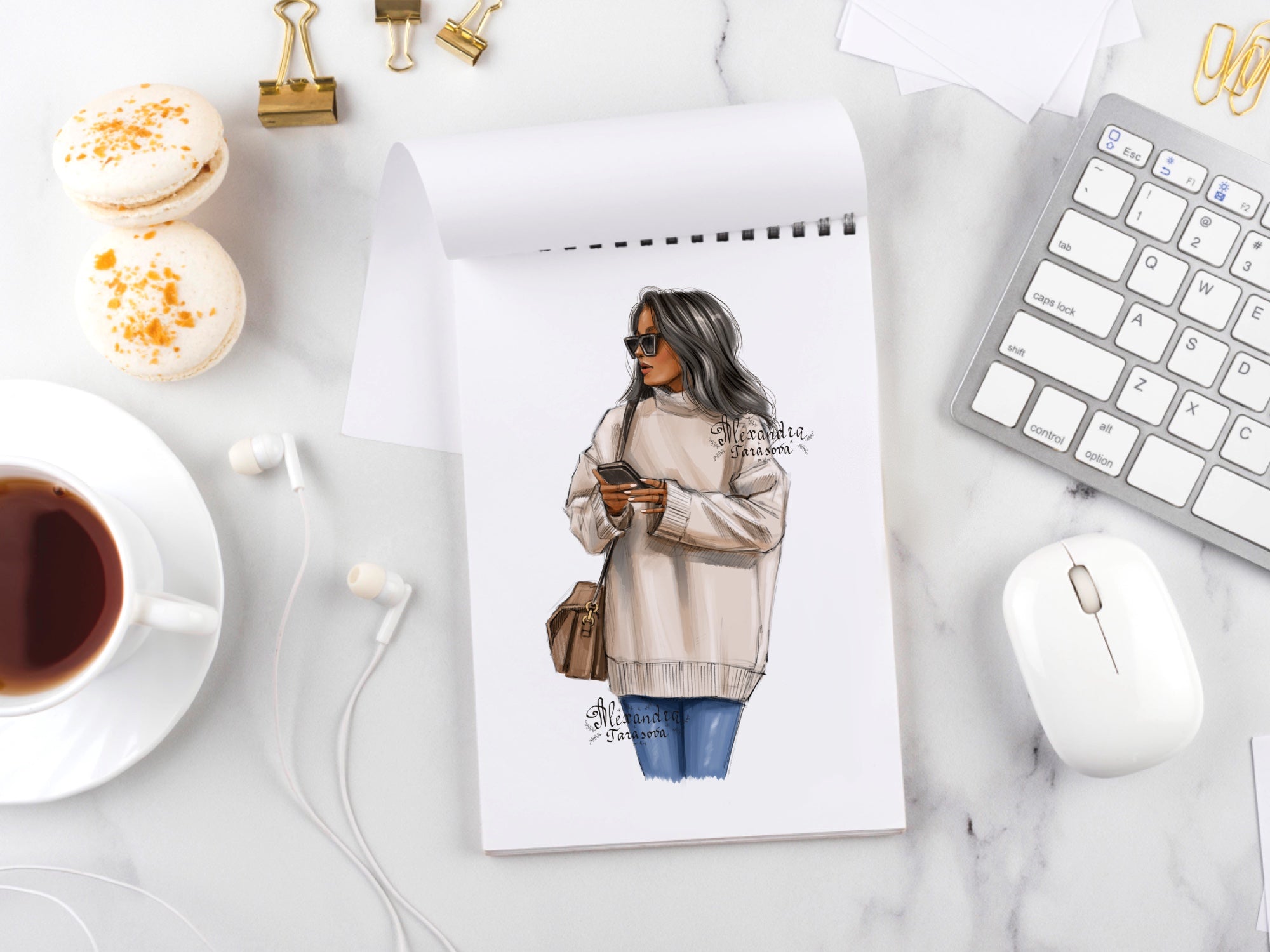Digital Watercolor Illustration Fashion Girl Trendy Hairstyles Black Sunglasses Beige Sweater Printable Art Clipart Stickers Drawing Sketch