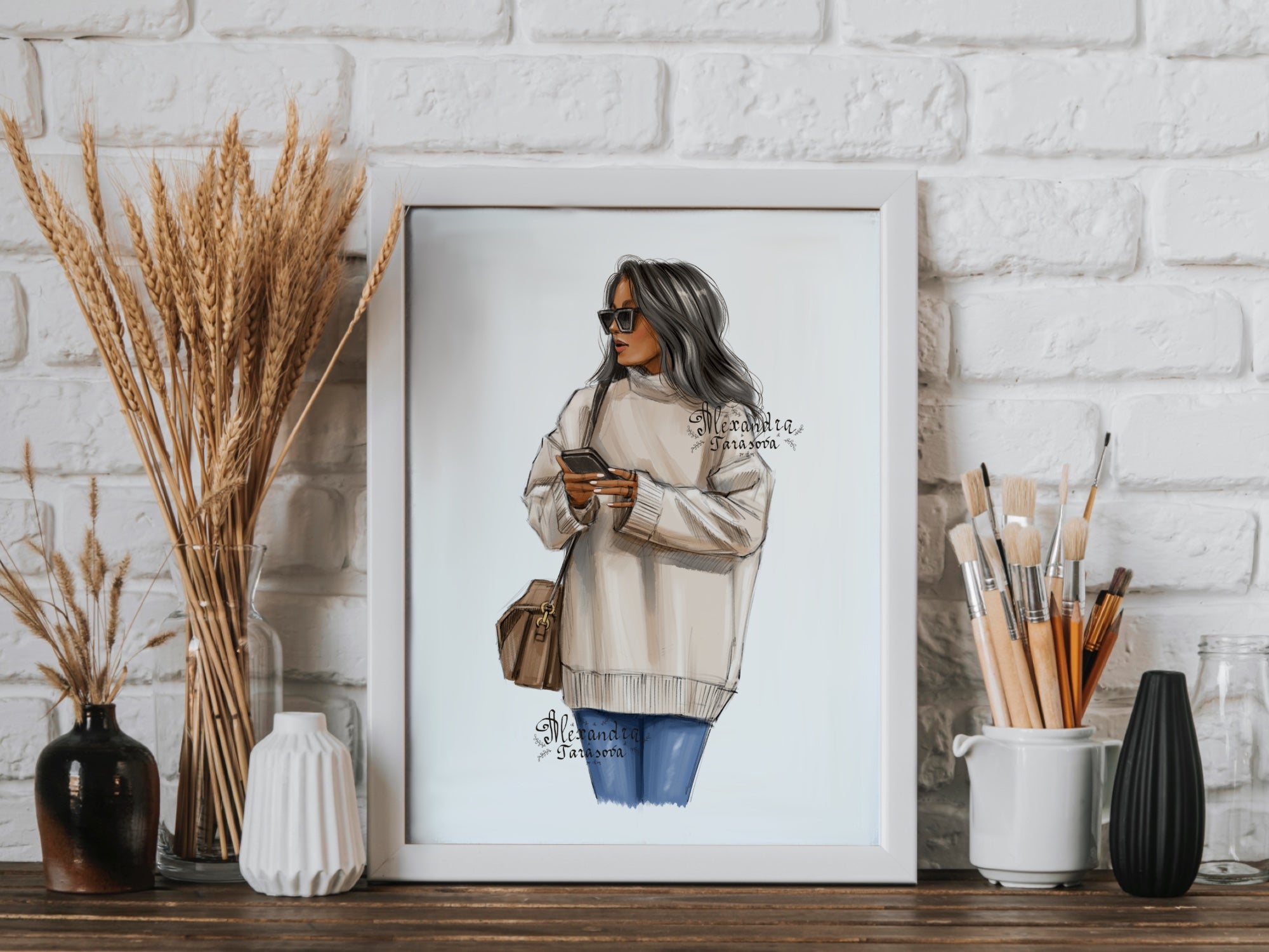 Digital Watercolor Illustration Fashion Girl Trendy Hairstyles Black Sunglasses Beige Sweater Printable Art Clipart Stickers Drawing Sketch