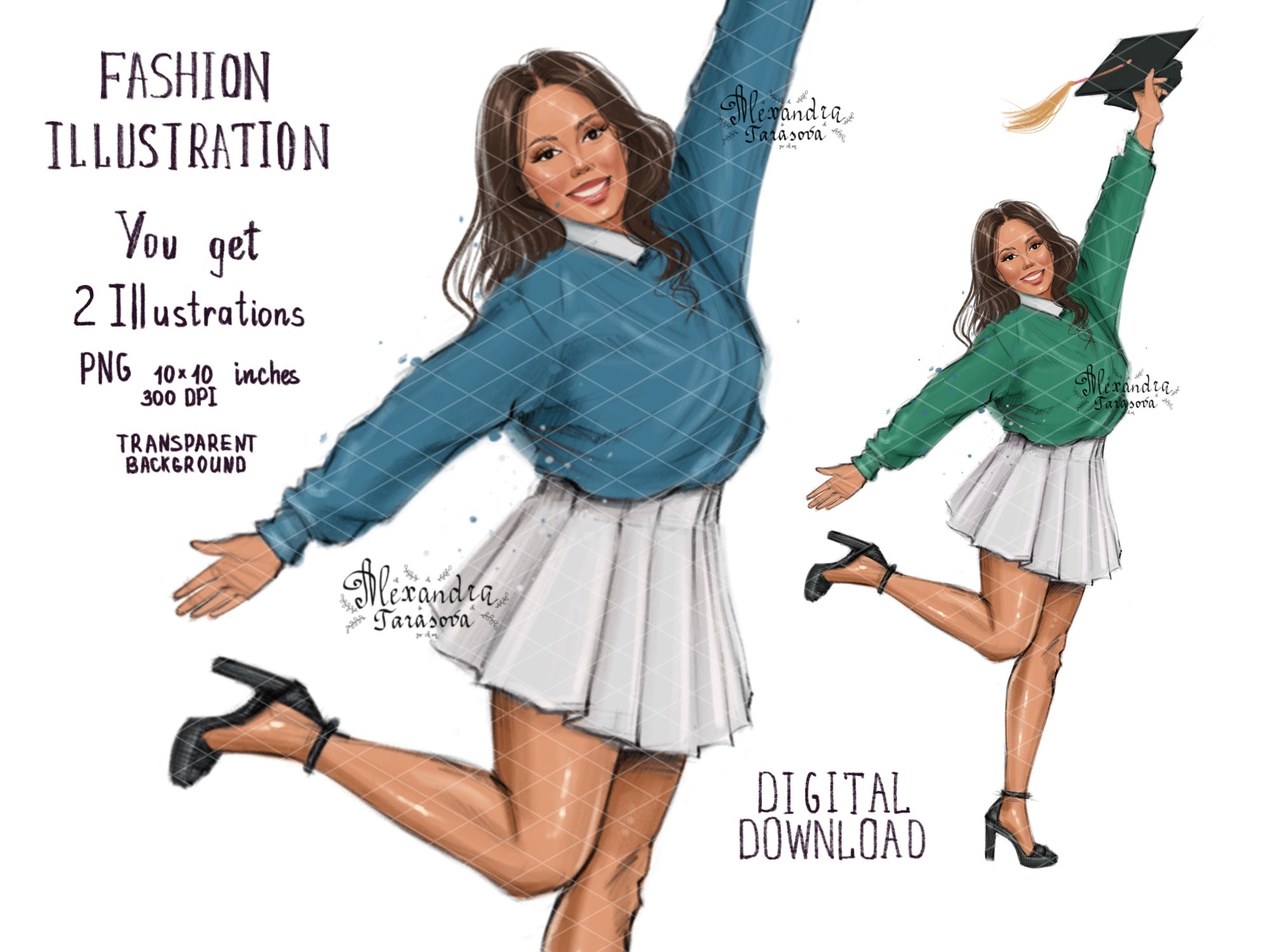 Digital Watercolor Illustration Graduation Clipart Graduation Cup Fashion Girl African American Girl Blue Green Sweater Stylish Shirt Art