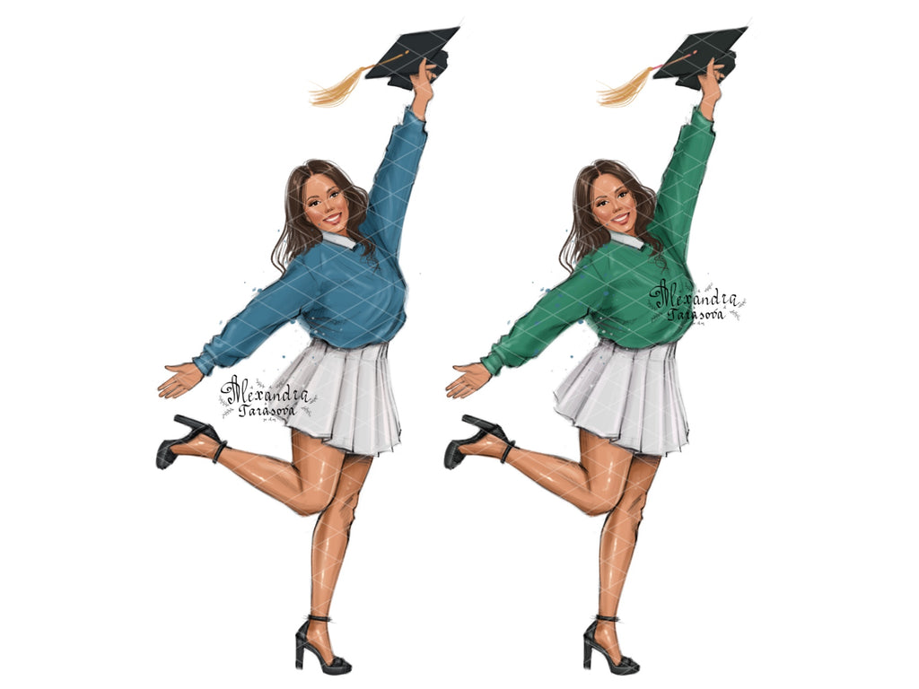 Digital Watercolor Illustration Graduation Clipart Graduation Cup Fashion Girl African American Girl Blue Green Sweater Stylish Shirt Art