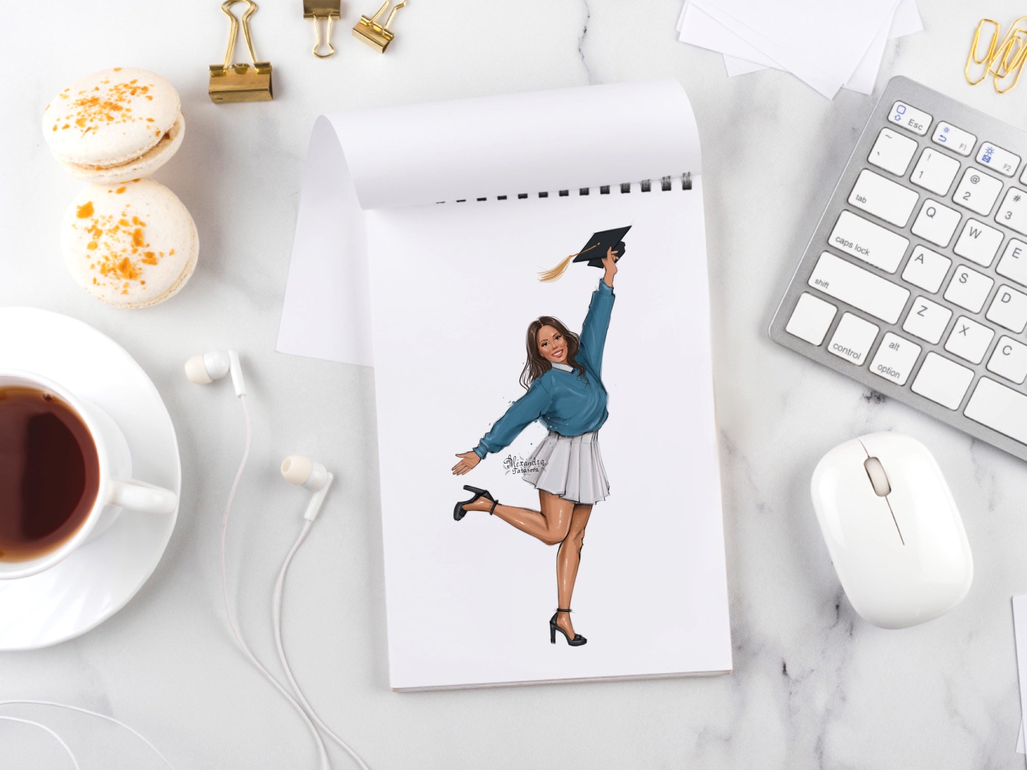 Digital Watercolor Illustration Graduation Clipart Graduation Cup Fashion Girl African American Girl Blue Green Sweater Stylish Shirt Art