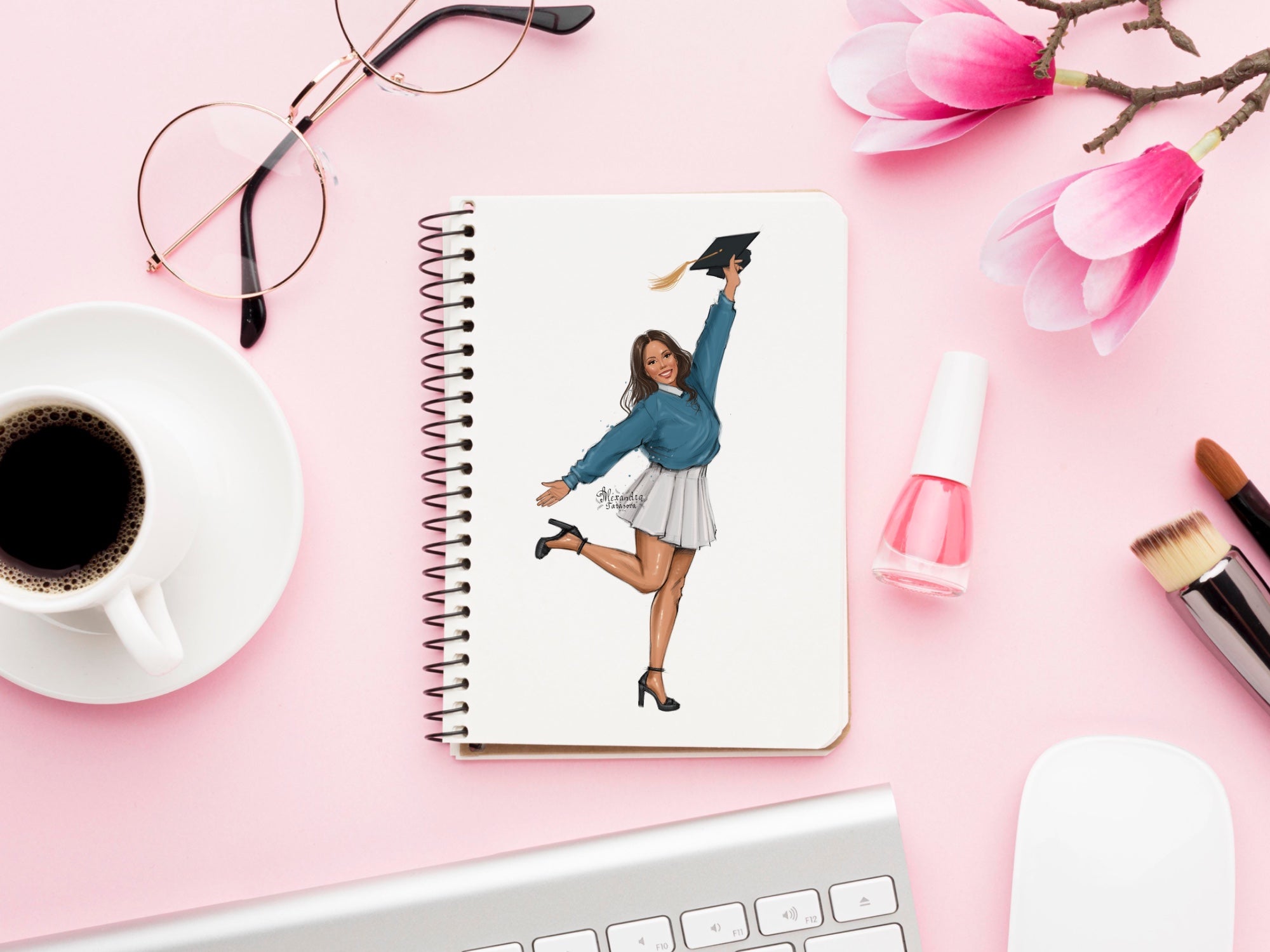 Digital Watercolor Illustration Graduation Clipart Graduation Cup Fashion Girl African American Girl Blue Green Sweater Stylish Shirt Art