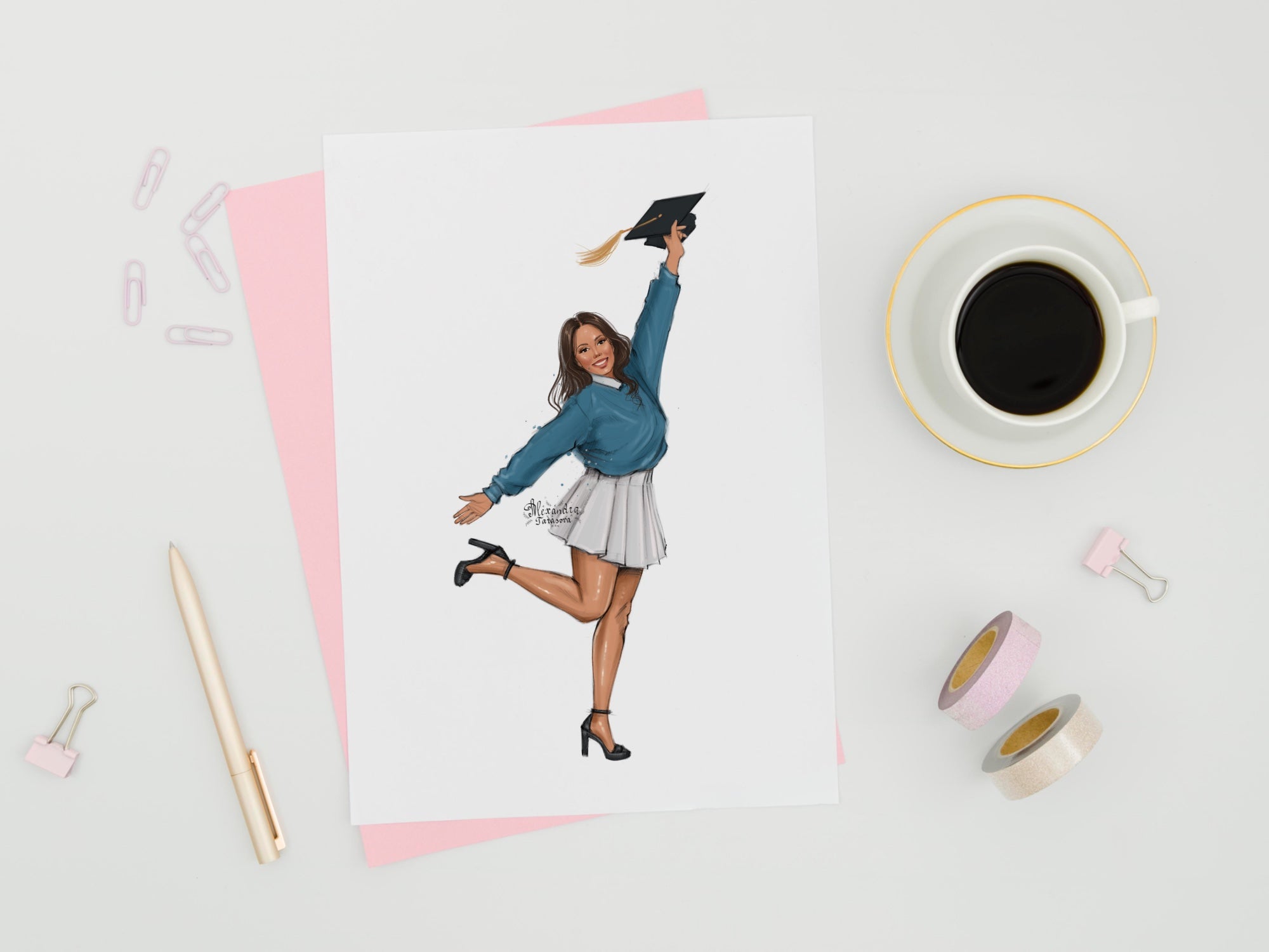 Digital Watercolor Illustration Graduation Clipart Graduation Cup Fashion Girl African American Girl Blue Green Sweater Stylish Shirt Art