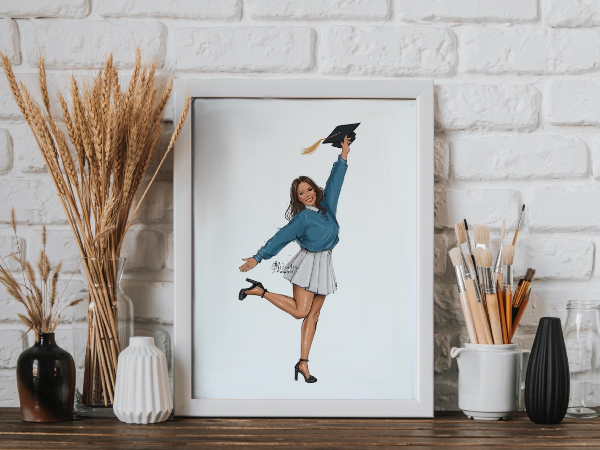 Digital Watercolor Illustration Graduation Clipart Graduation Cup Fashion Girl African American Girl Blue Green Sweater Stylish Shirt Art