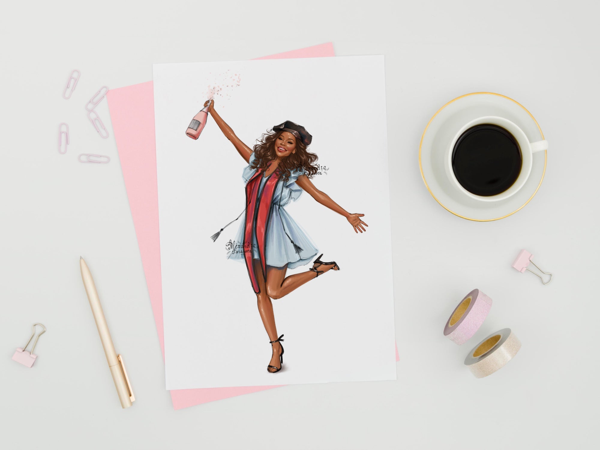 Digital Watercolor Illustration Fashion Girl Graduation Clipart African American Girl Blue Dress Drawing Sketch Png File Printable Art