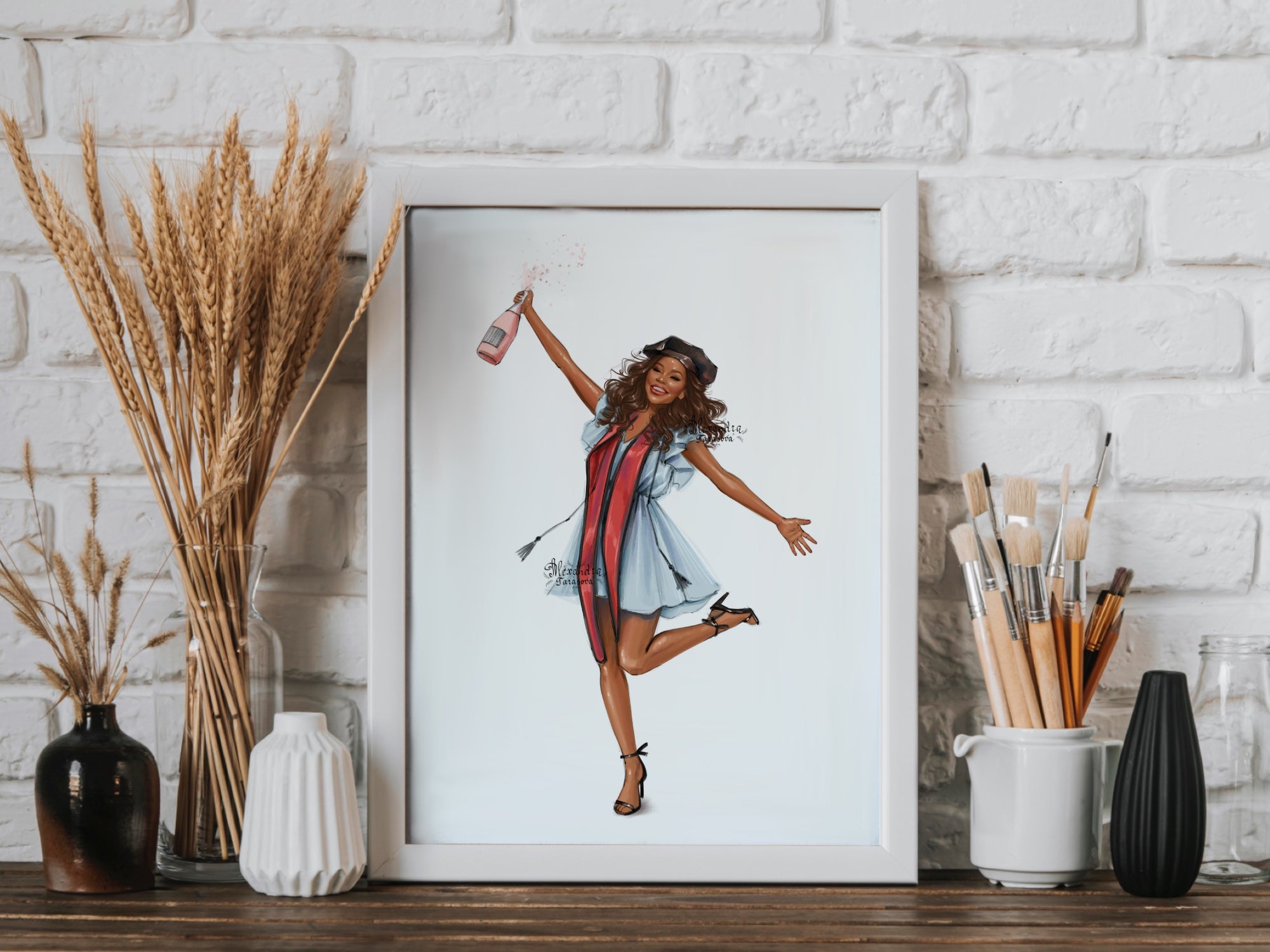 Digital Watercolor Illustration Fashion Girl Graduation Clipart African American Girl Blue Dress Drawing Sketch Png File Printable Art
