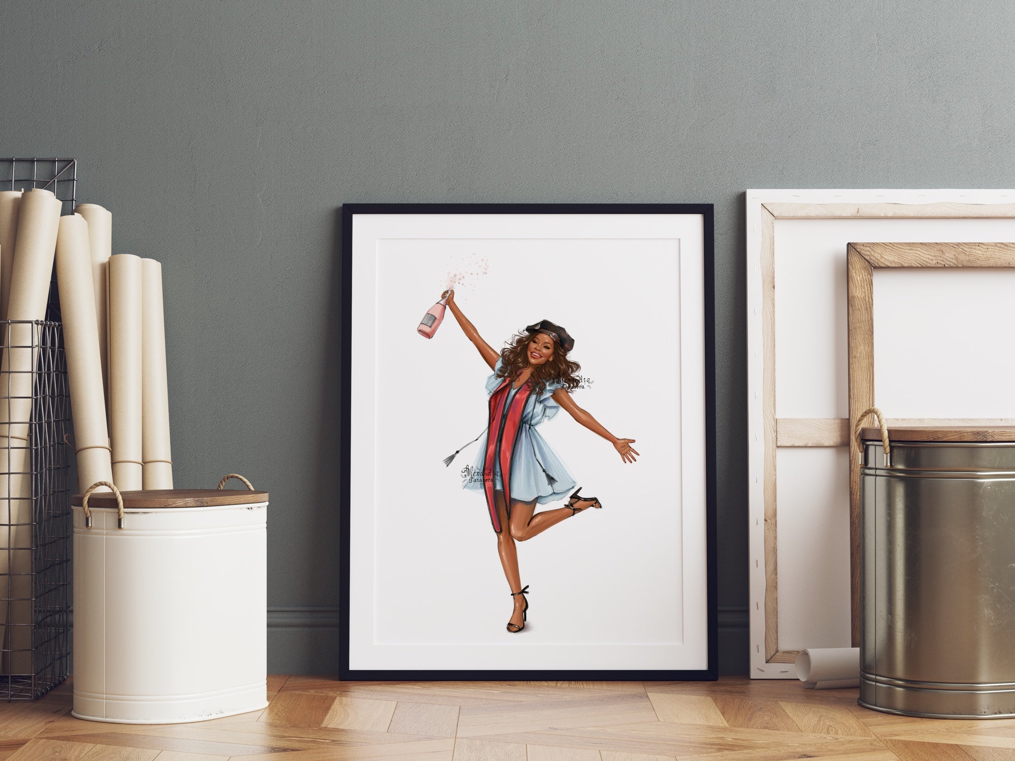Digital Watercolor Illustration Fashion Girl Graduation Clipart African American Girl Blue Dress Drawing Sketch Png File Printable Art
